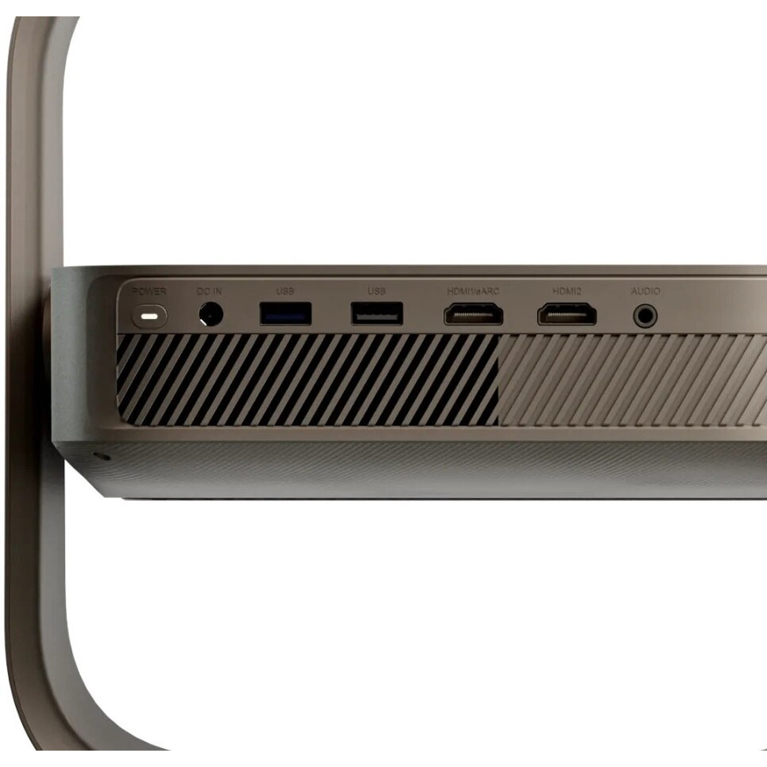 Achterpaneel van een apparaat met powerknop, DC-in, twee USB-, twee HDMI- en audiopoorten boven ventilatiegaten.