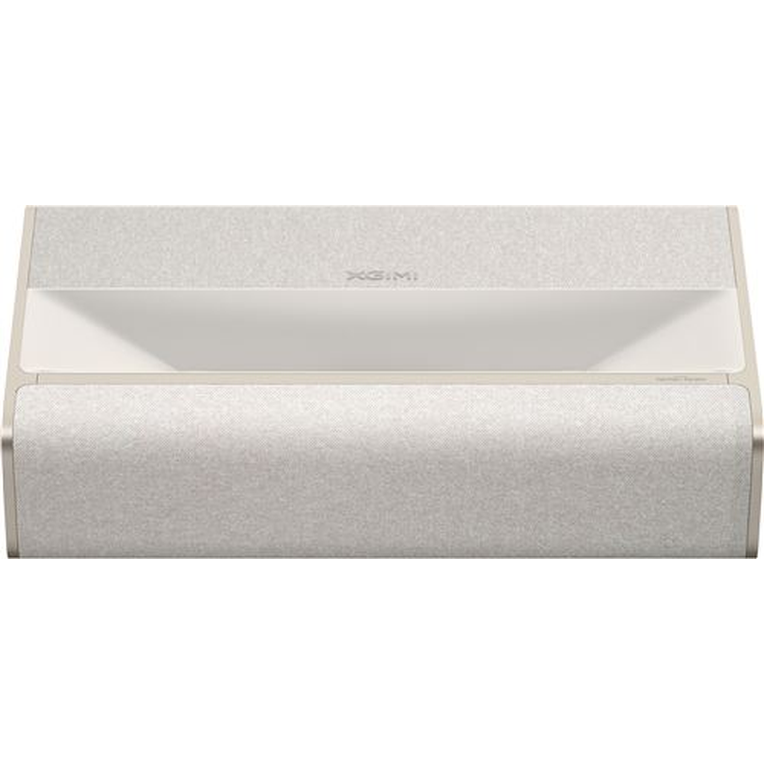 Een witte XGIMI-projector met stoffen hoes op een neutrale achtergrond.