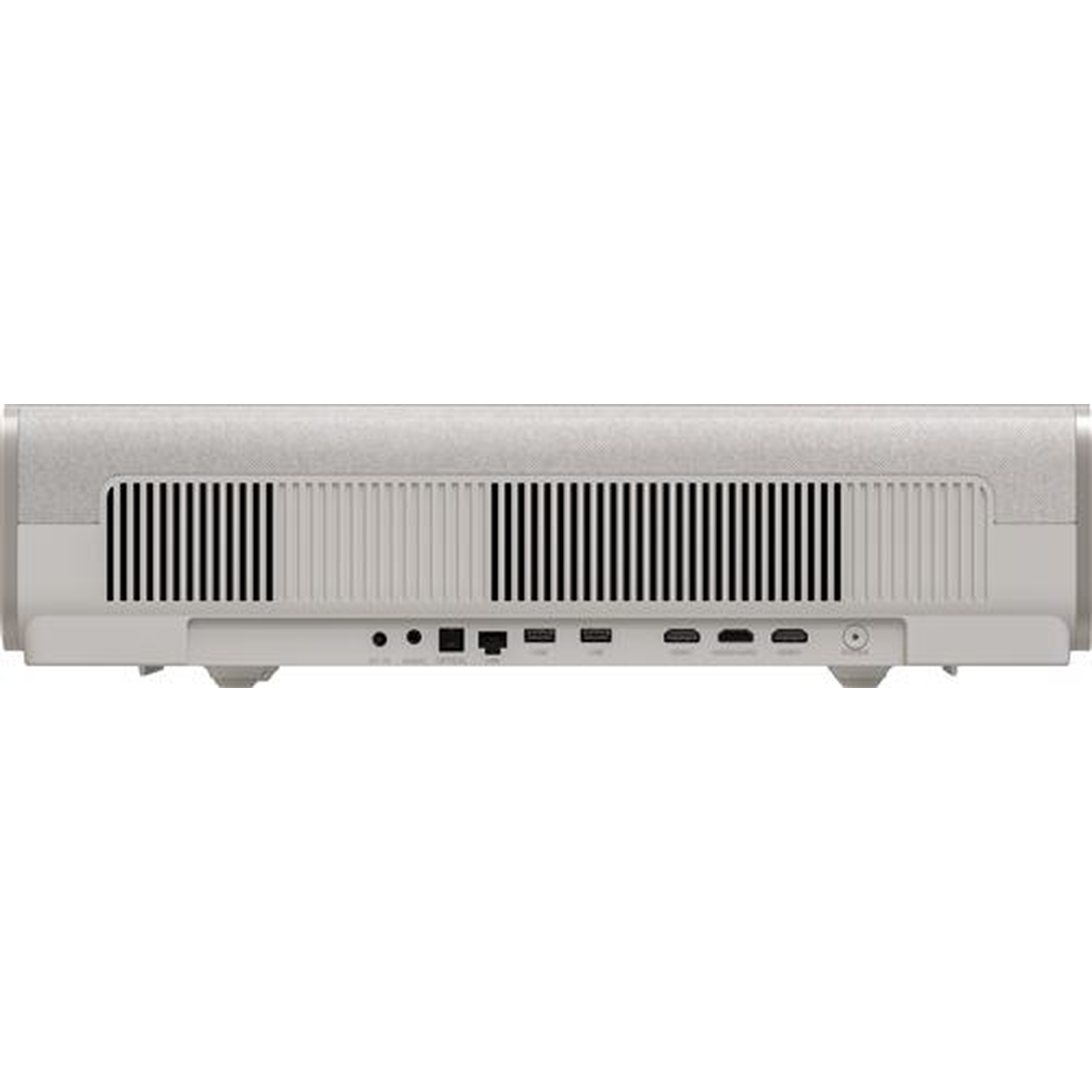 Achterpaneel van een lichtgrijs apparaat met ventilatieroosters en diverse poorten.