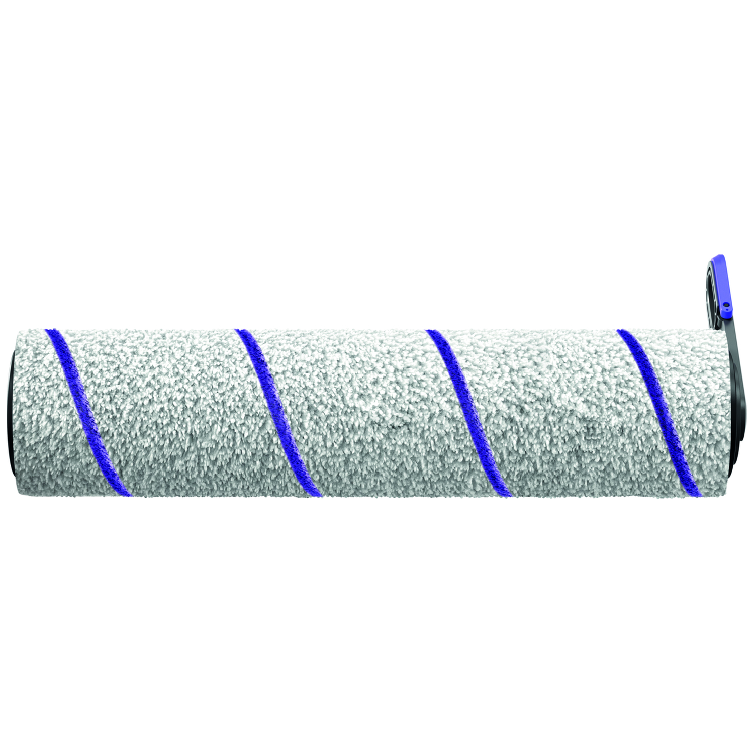 Een pluizige grijs-witte stofzuigerrolborstel met diagonale blauwe strepen op een witte achtergrond.