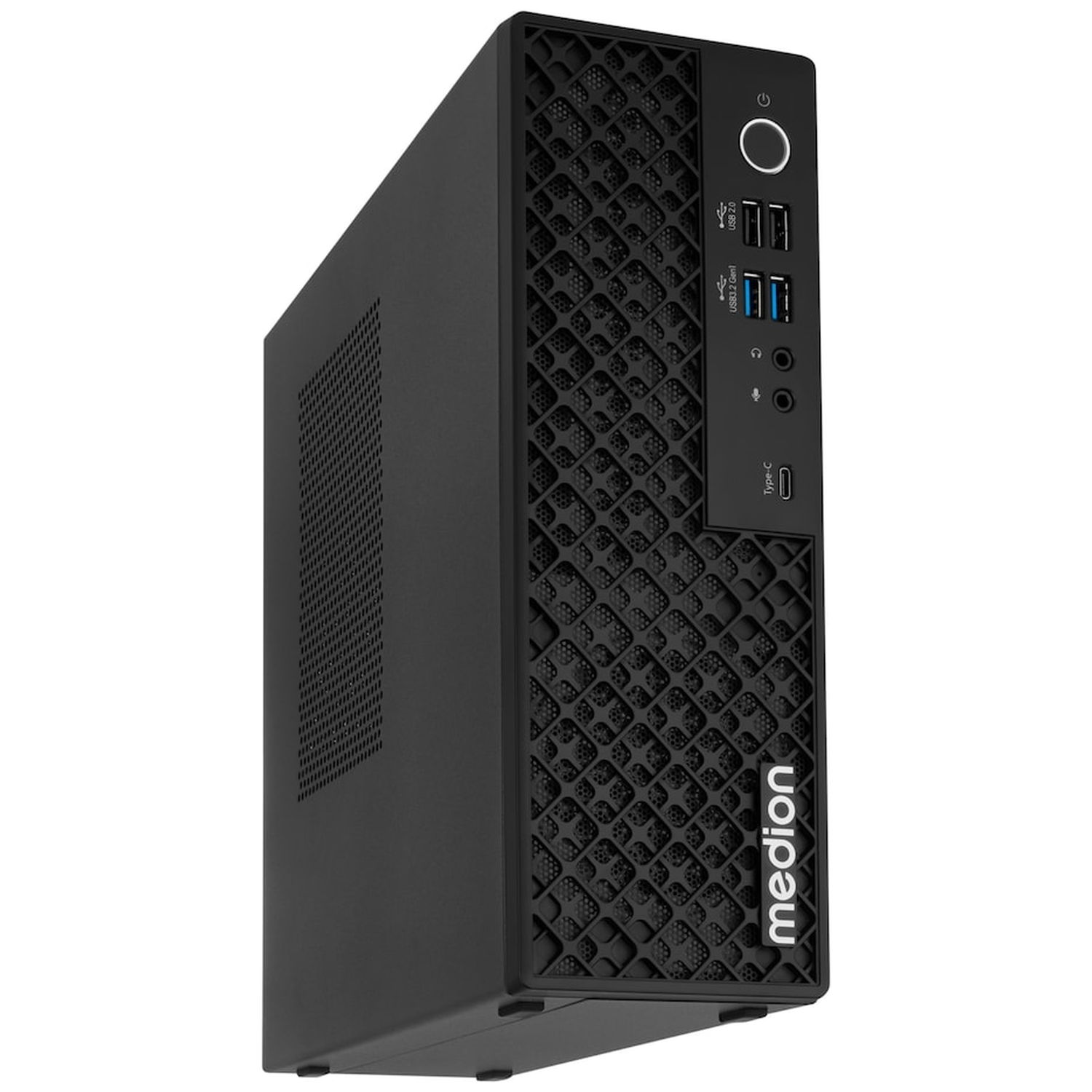 Zwarte Medion slanke desktop PC met poorten aan de voorkant en ventilatieroosters.