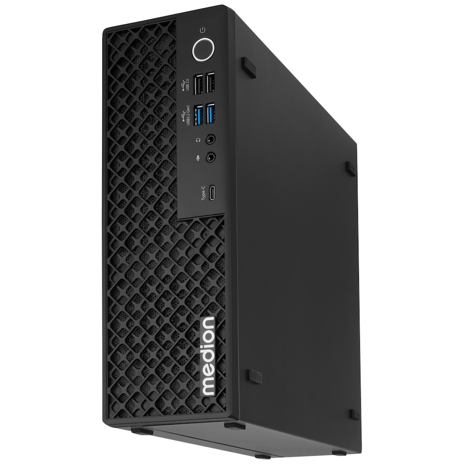 Zwarte Medion desktop PC-toren met geperforeerd frontpaneel en USB-poorten.