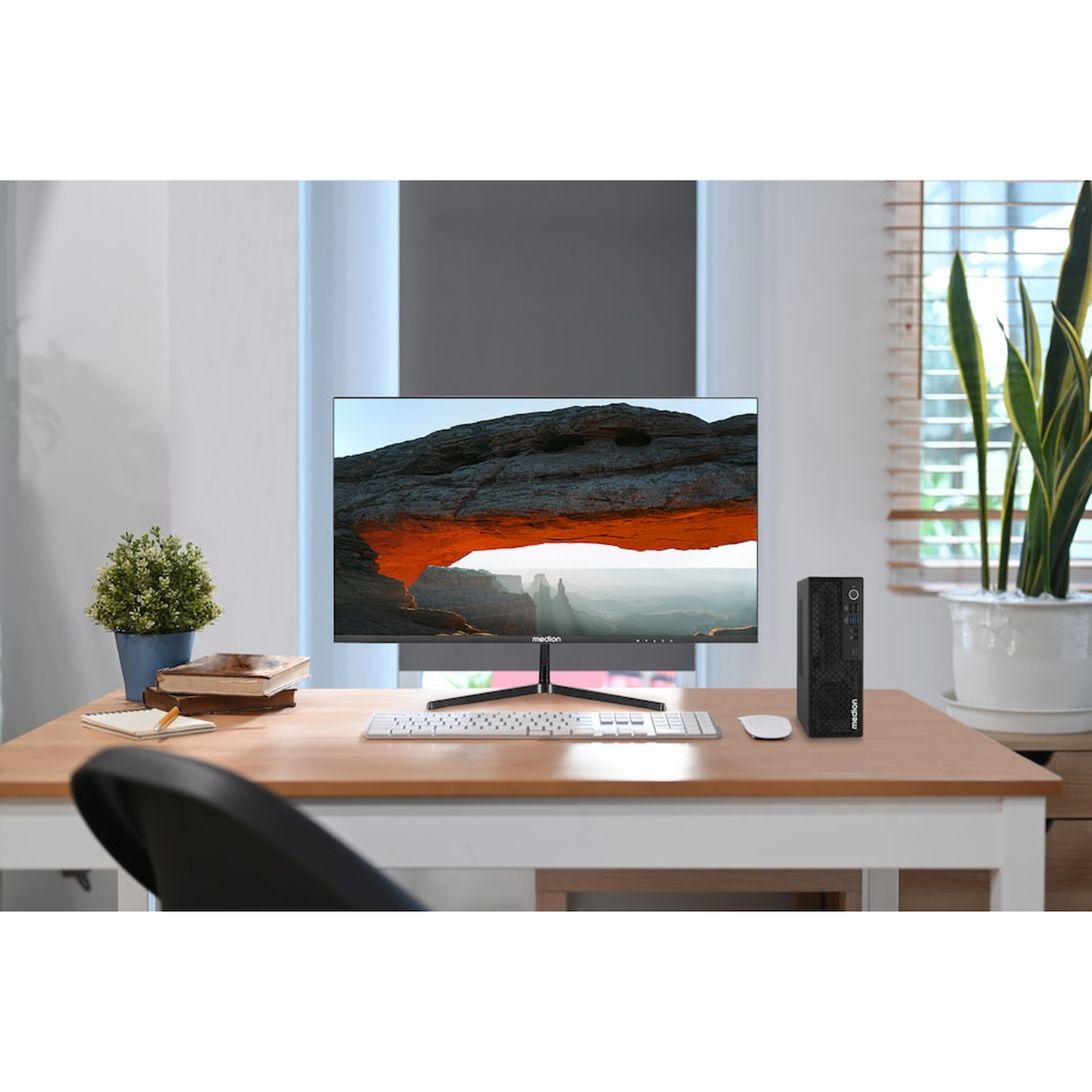 Een bureau met monitor, pc, toetsenbord, muis en planten in een lichte kamer.