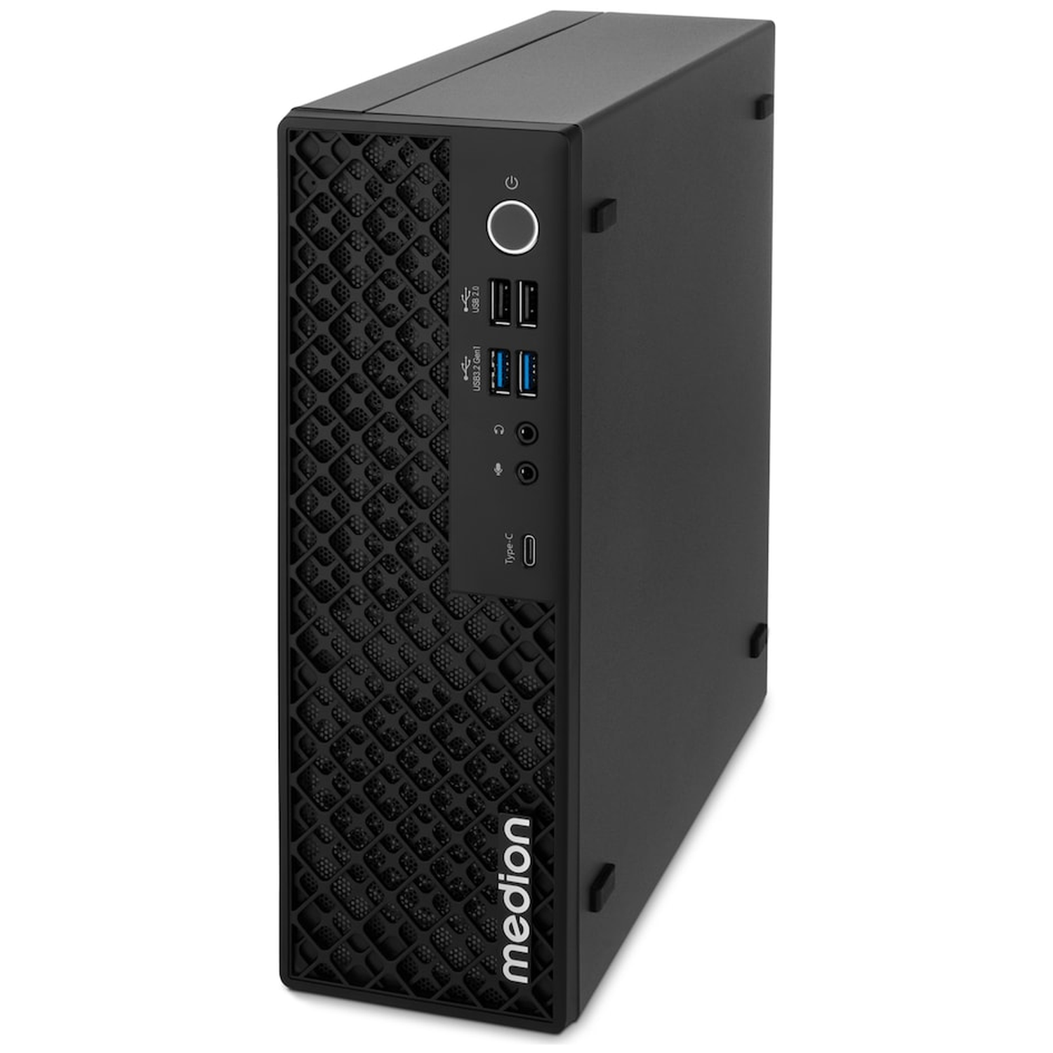 Zwarte Medion mini-pc met poorten aan de voorzijde en roosterontwerp.