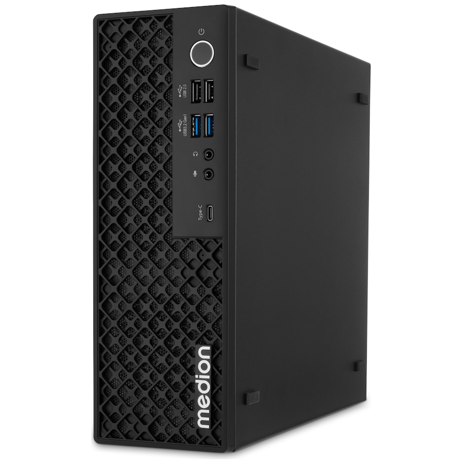 Zwarte Medion desktop computerbehuizing met ventilatierooster, USB-poorten en aan/uit-knop op witte achtergrond.