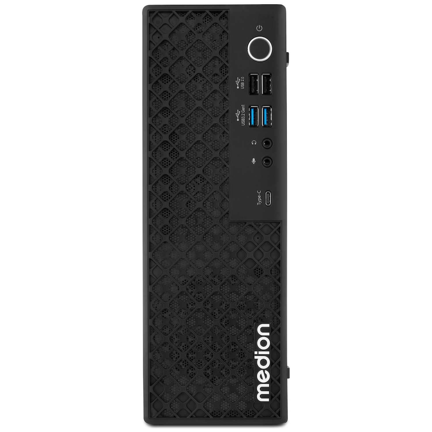 Vooraanzicht van een zwarte Medion desktop-pc met geometrisch rooster, USB-poorten en aan/uit-knop.