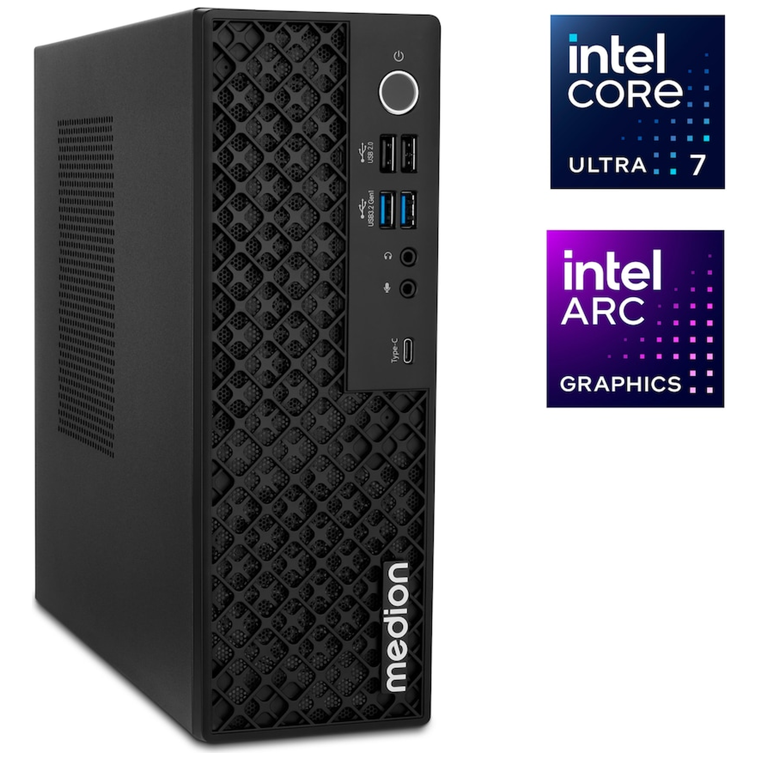 Zwarte Medion pc-toren met Intel Core Ultra 7 en Intel Arc Graphics logo's.