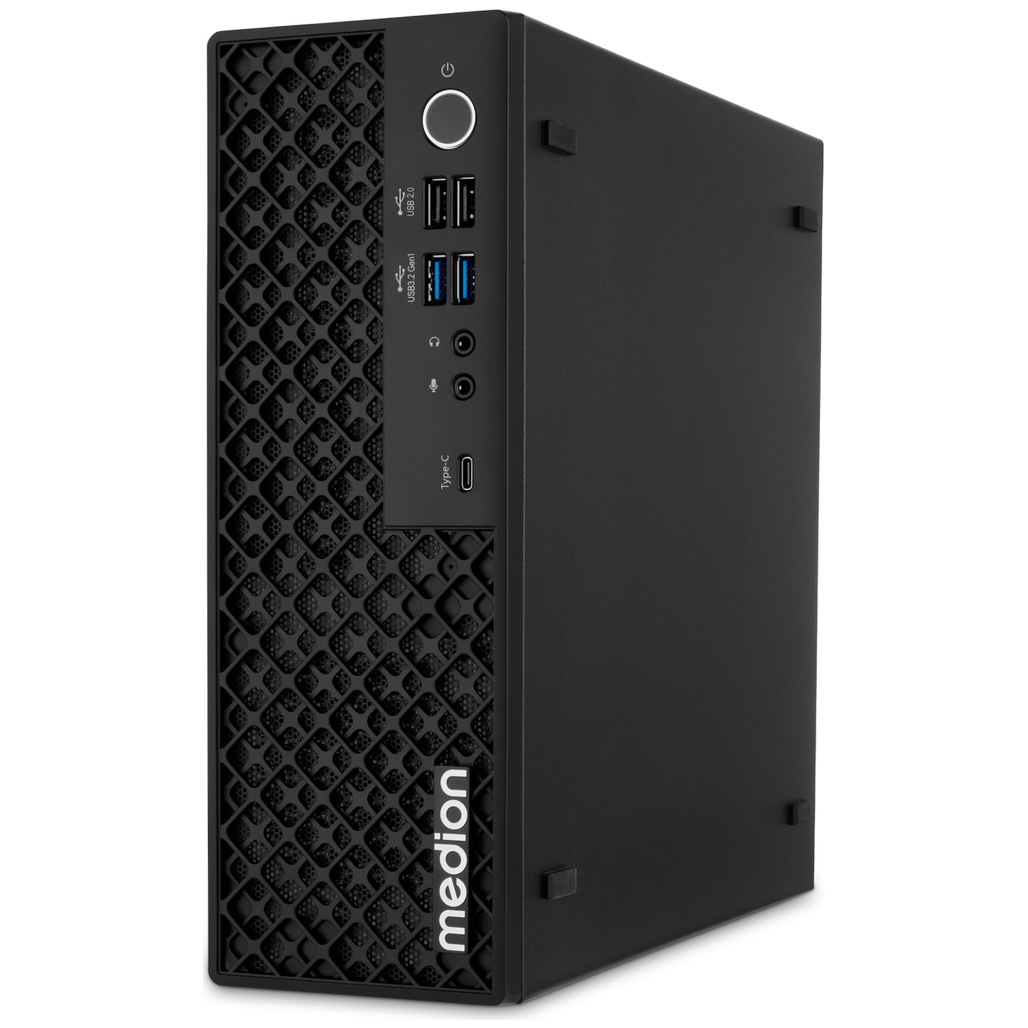 Zwarte Medion desktop-pc met USB-poorten aan de voorzijde, audio-aansluitingen en een honingraatfront op een witte achtergrond.