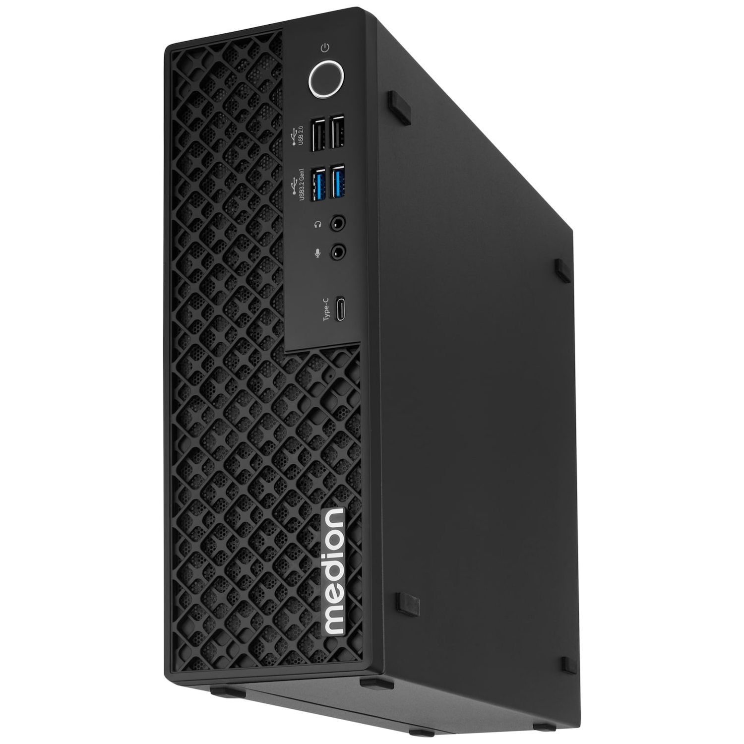 Zwarte Medion desktop-pc in een minitower-behuizing met poorten aan de voorzijde.
