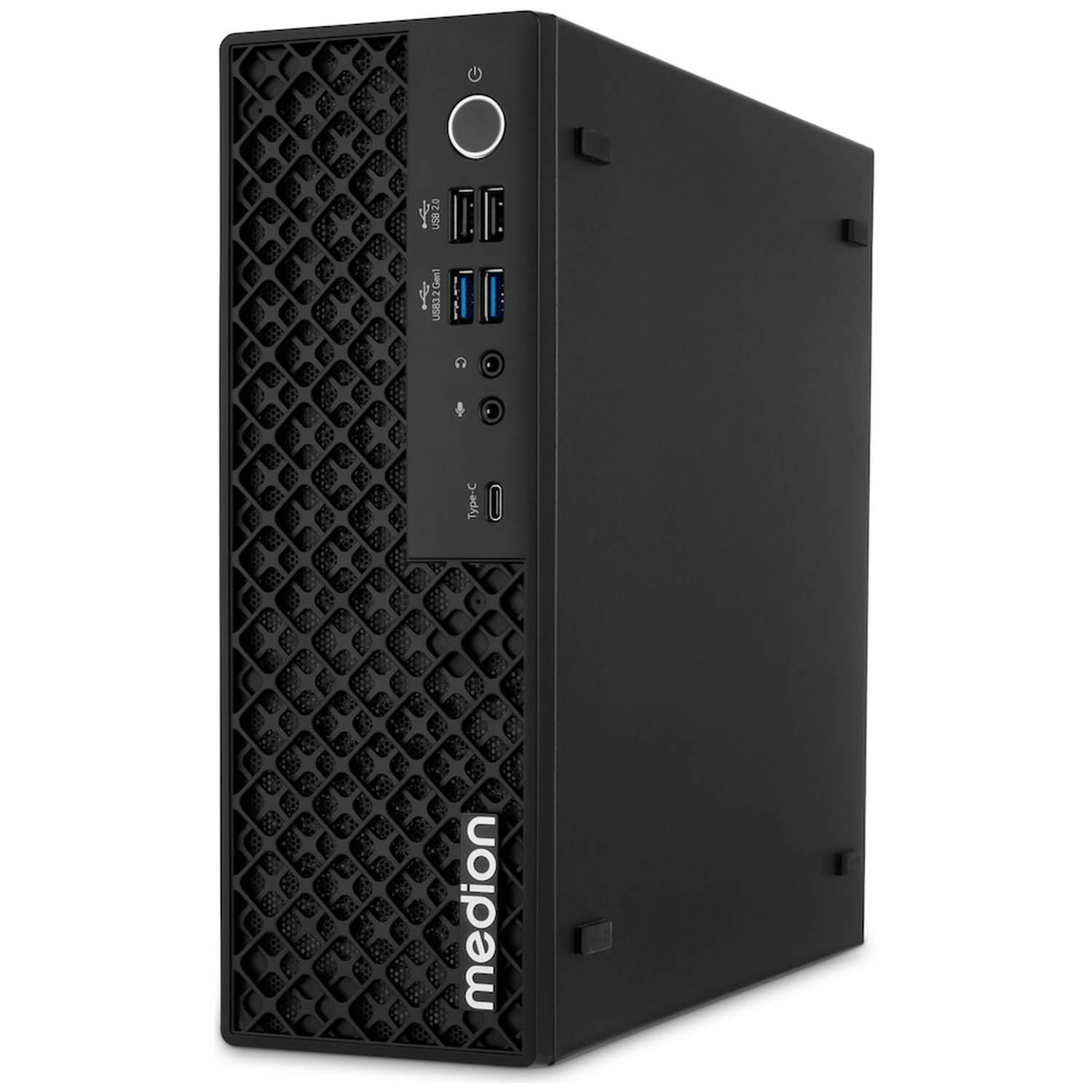 Zwarte Medion desktop-pc met poorten aan de voorzijde en rooster.