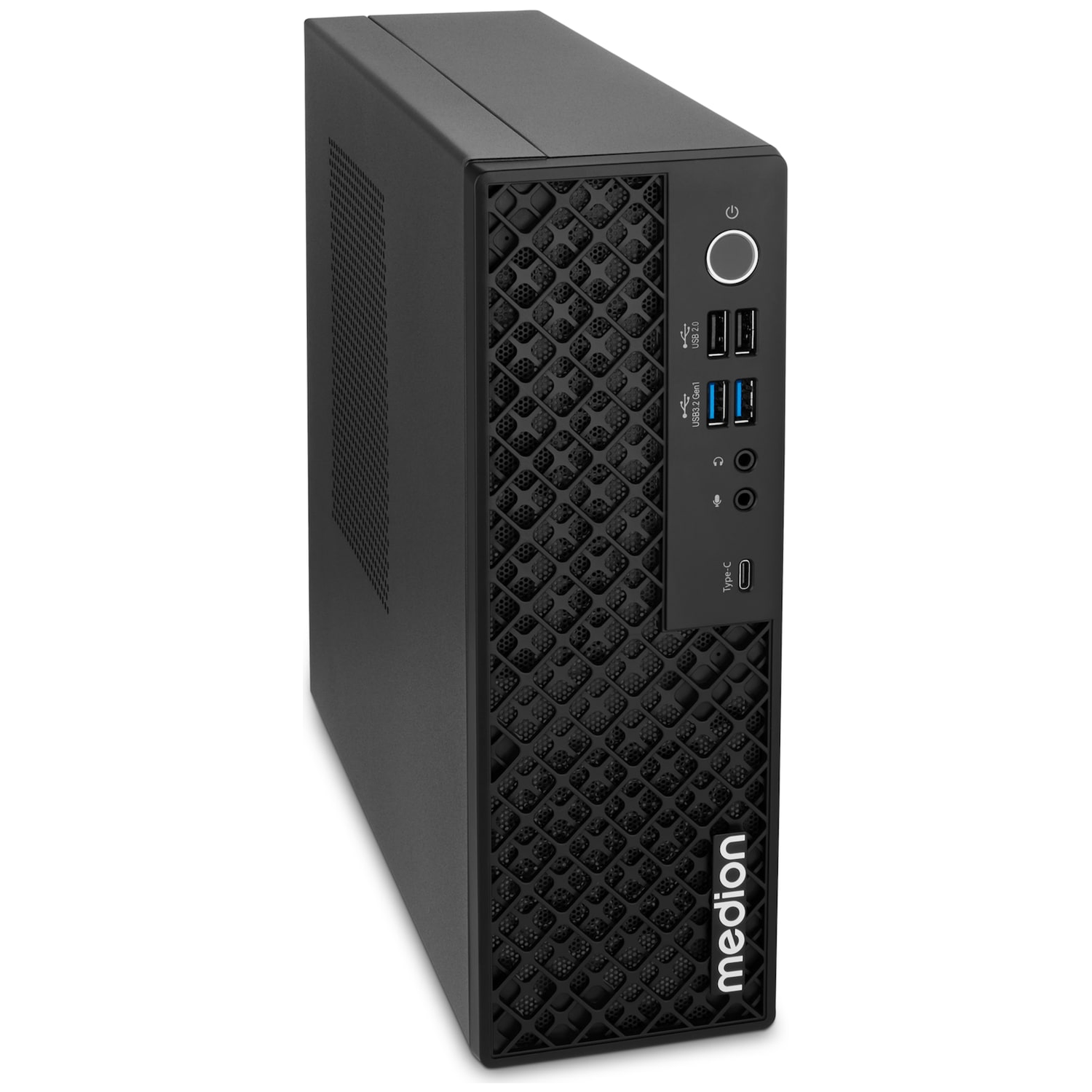 Zwarte Medion desktop PC-toren met een gaasfront en meerdere USB-poorten.