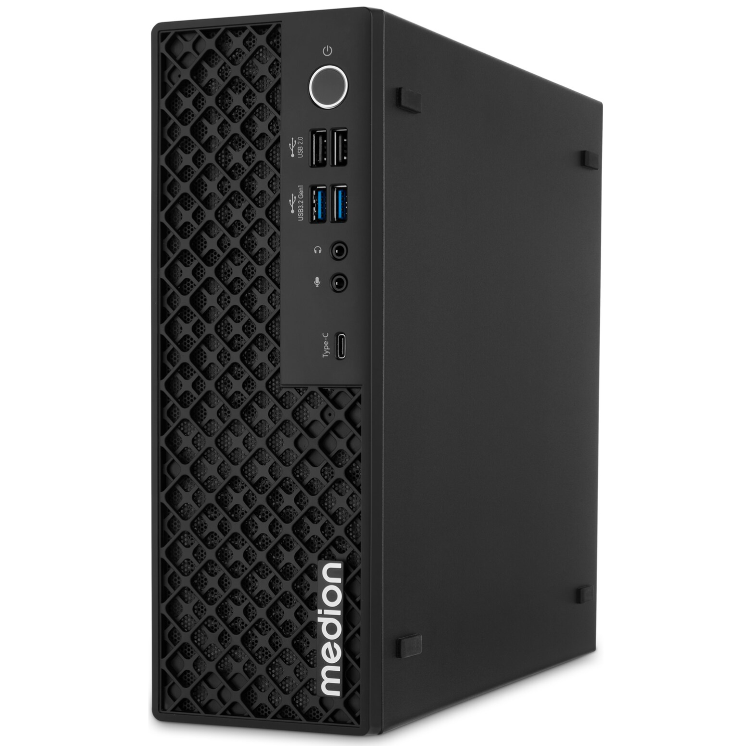 Zwarte Medion desktop PC-toren met rooster aan de voorzijde en USB-poorten.