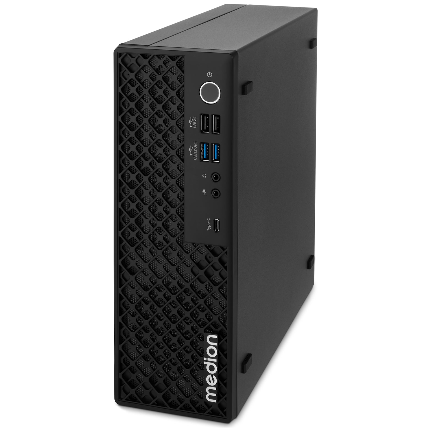Een zwarte Medion desktop-pc in een minitowerbehuizing met poorten aan de voorzijde en aan/uit-knop.