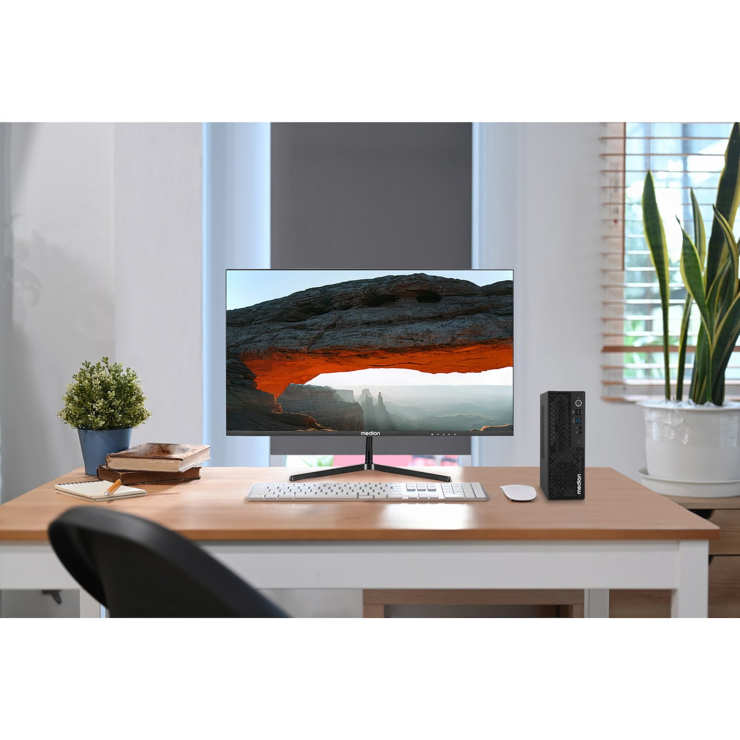 Bureau met pc, monitor, toetsenbord, muis, boeken, notitieblok, kleine plant en grote plant in pot op de achtergrond.