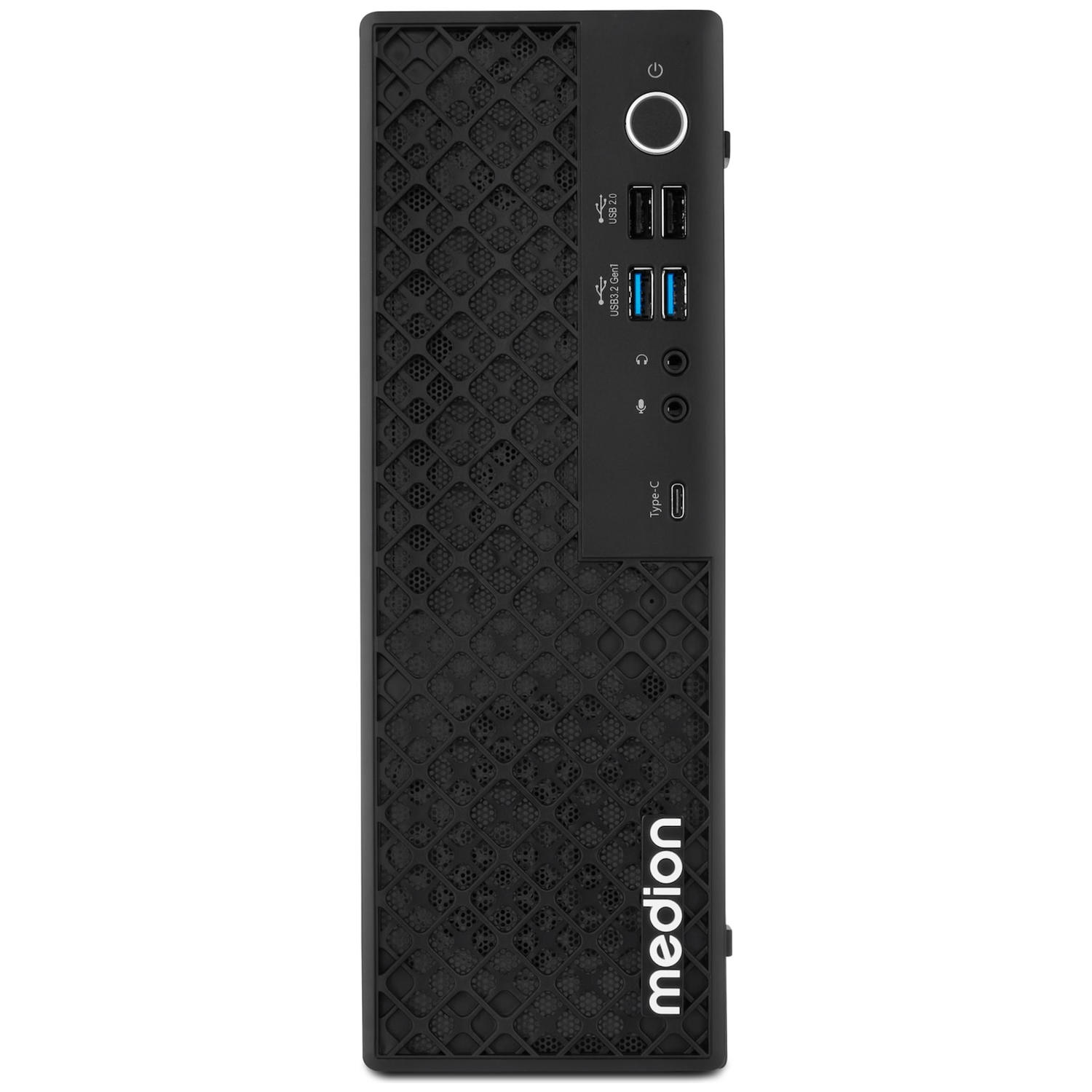 Vooraanzicht van een zwarte Medion desktop-pc met roosterpatroon, USB-poorten en aan/uit-knop.