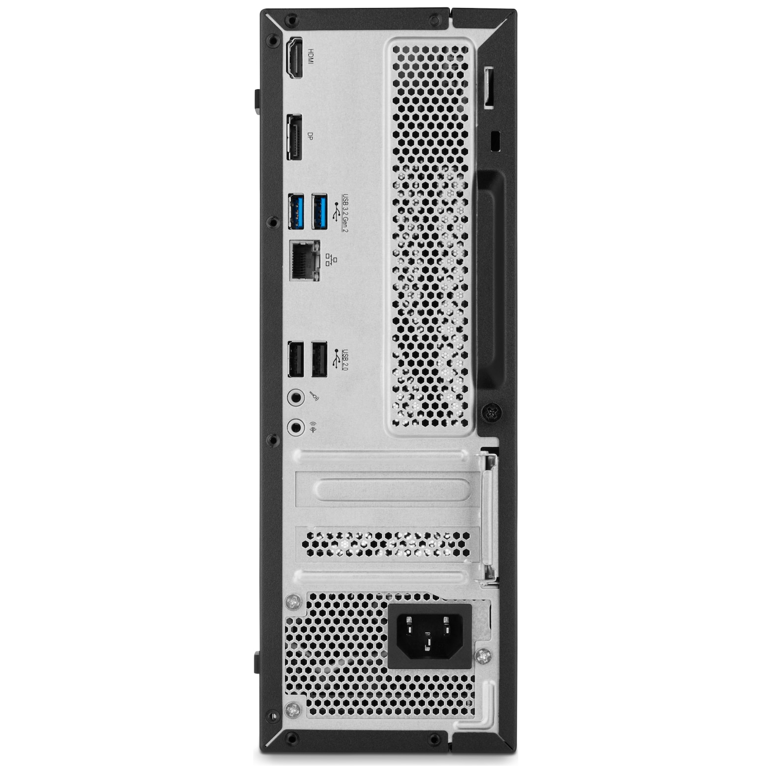 Achteraanzicht van een zwarte desktop-pc met HDMI-, DisplayPort-, USB-, Ethernet- en voedingspoorten.
