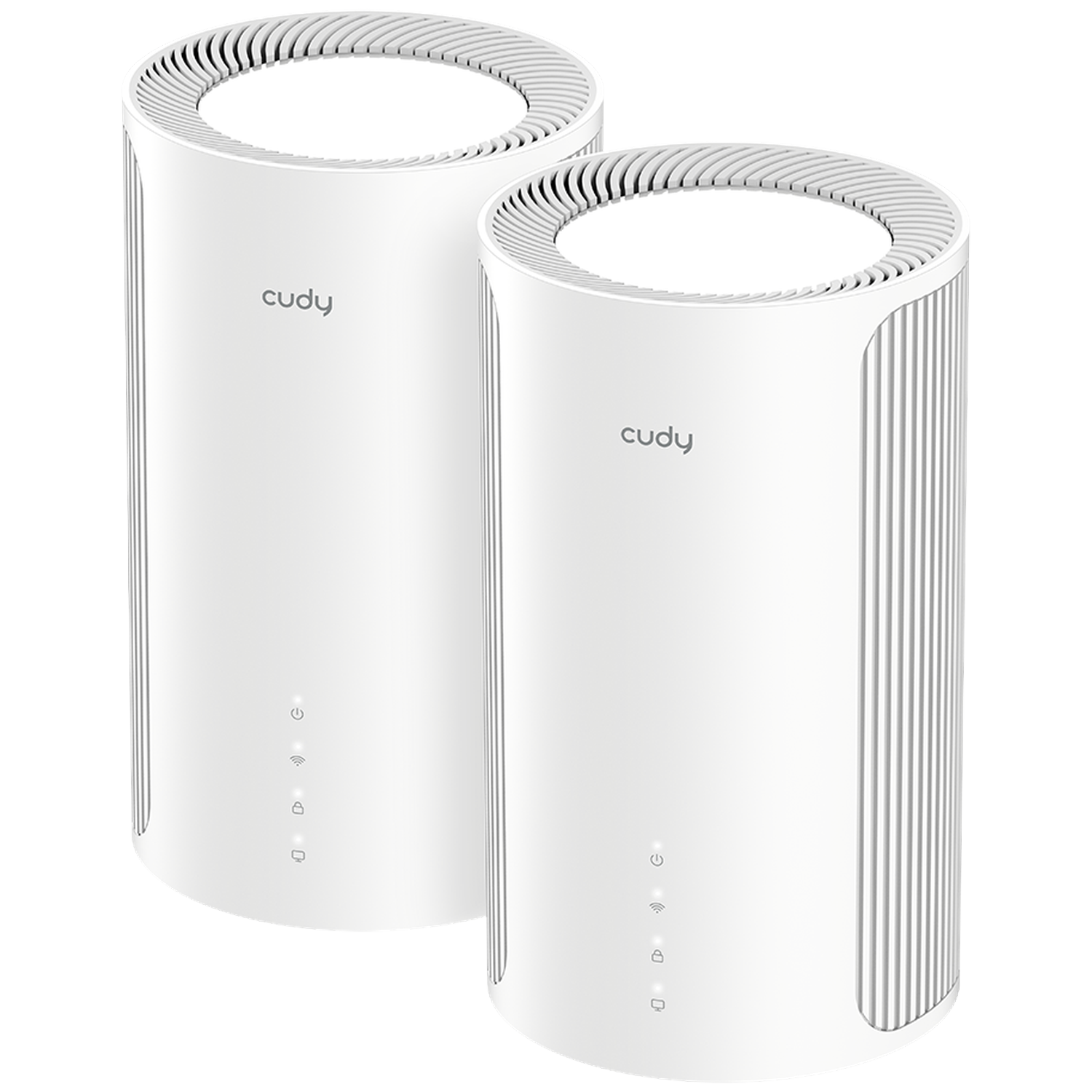 Twee witte cilindrische Cudy mesh wifi-routers tegen een zwarte achtergrond.