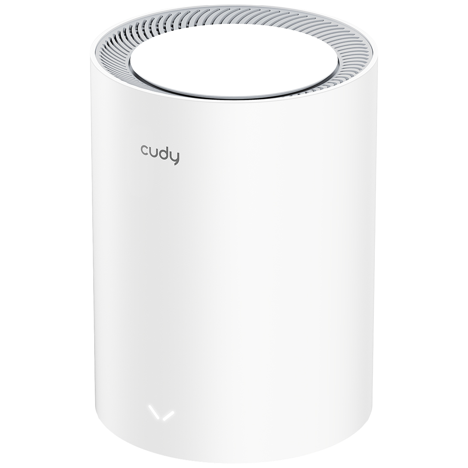 A cylindrical white Cudy wireless router with a black top grille and a small glowing indicator at the bottom.