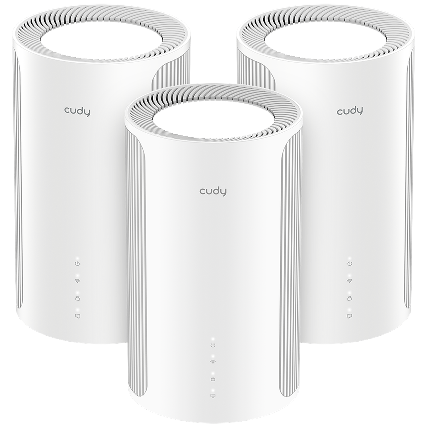 Drie witte, cilindrische Cudy mesh-routers staan samen op een zwarte achtergrond.