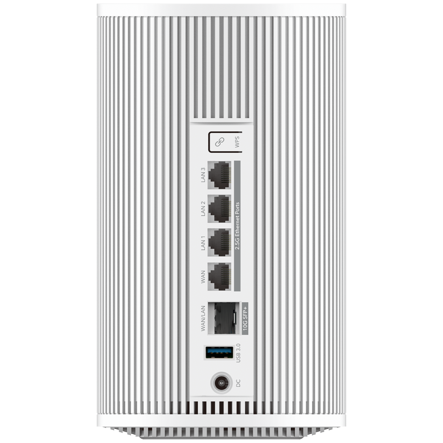 Achterkant van een witte, geribbelde router met ethernetpoorten, USB-poort en voedingsaansluiting.