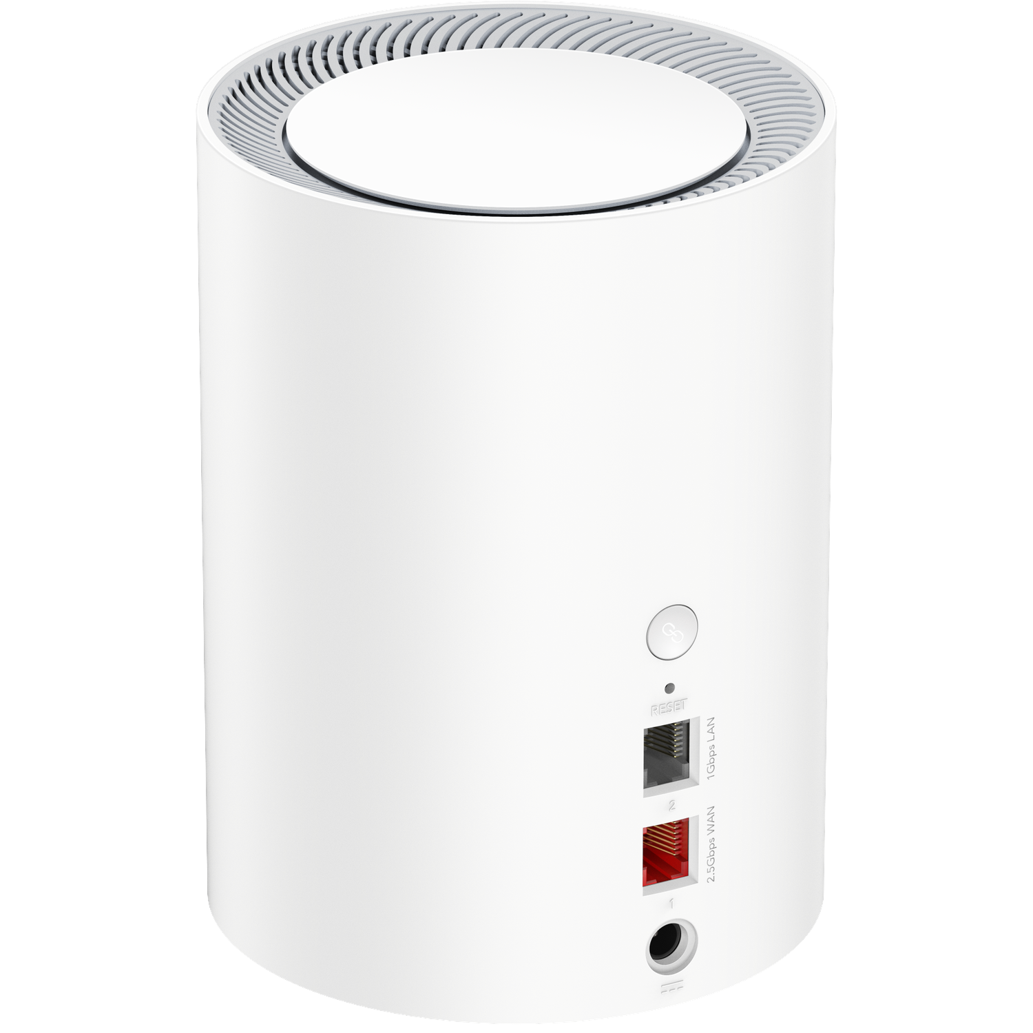 A white, cylindrical Wi-Fi router with ports on the back.