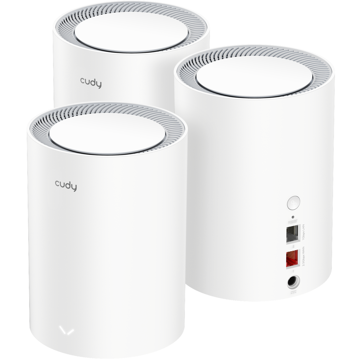 Three white cylindrical Cudy Wi-Fi routers on a black background, with one showing its back ports.