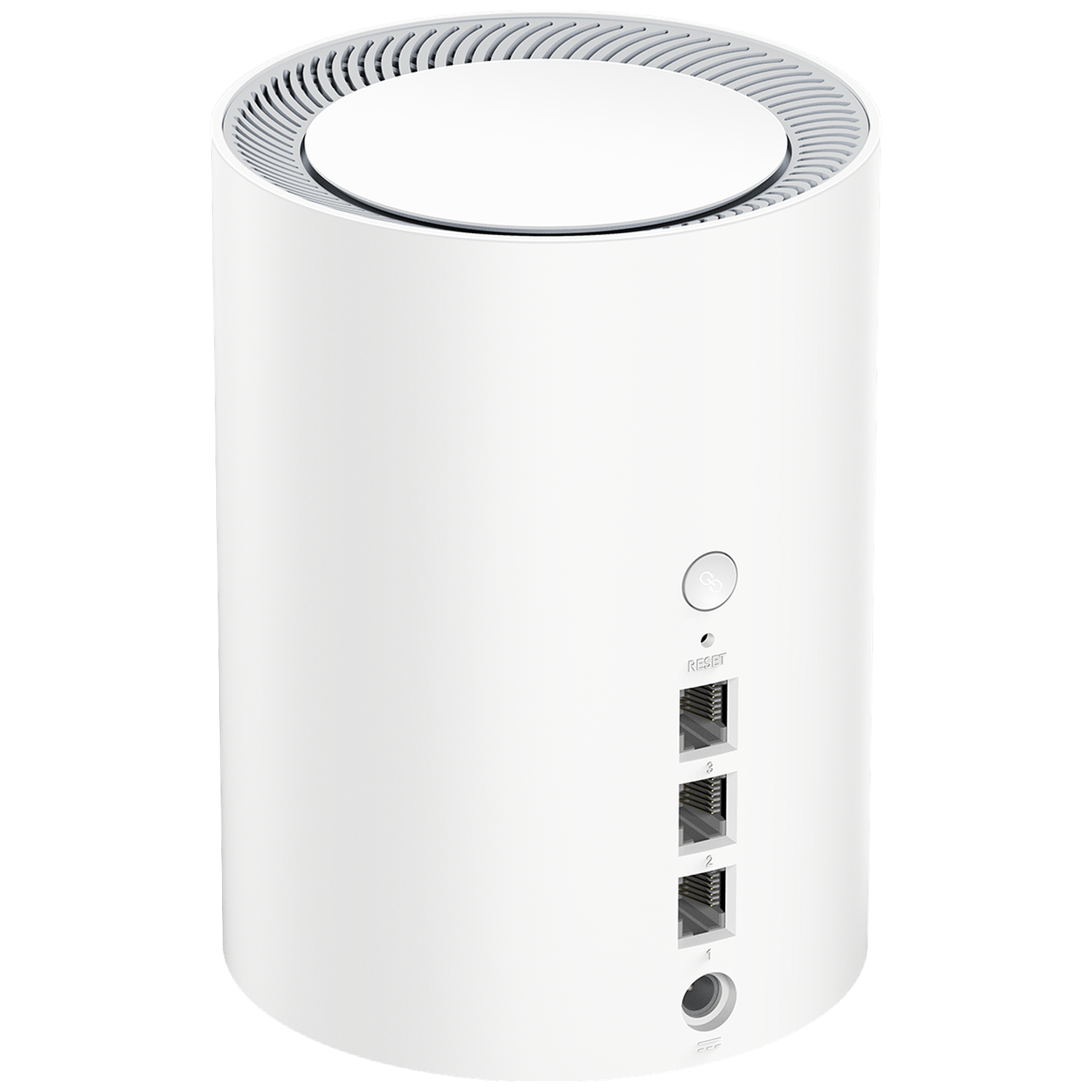 A cylindrical white router featuring top ventilation slots and rear ports.