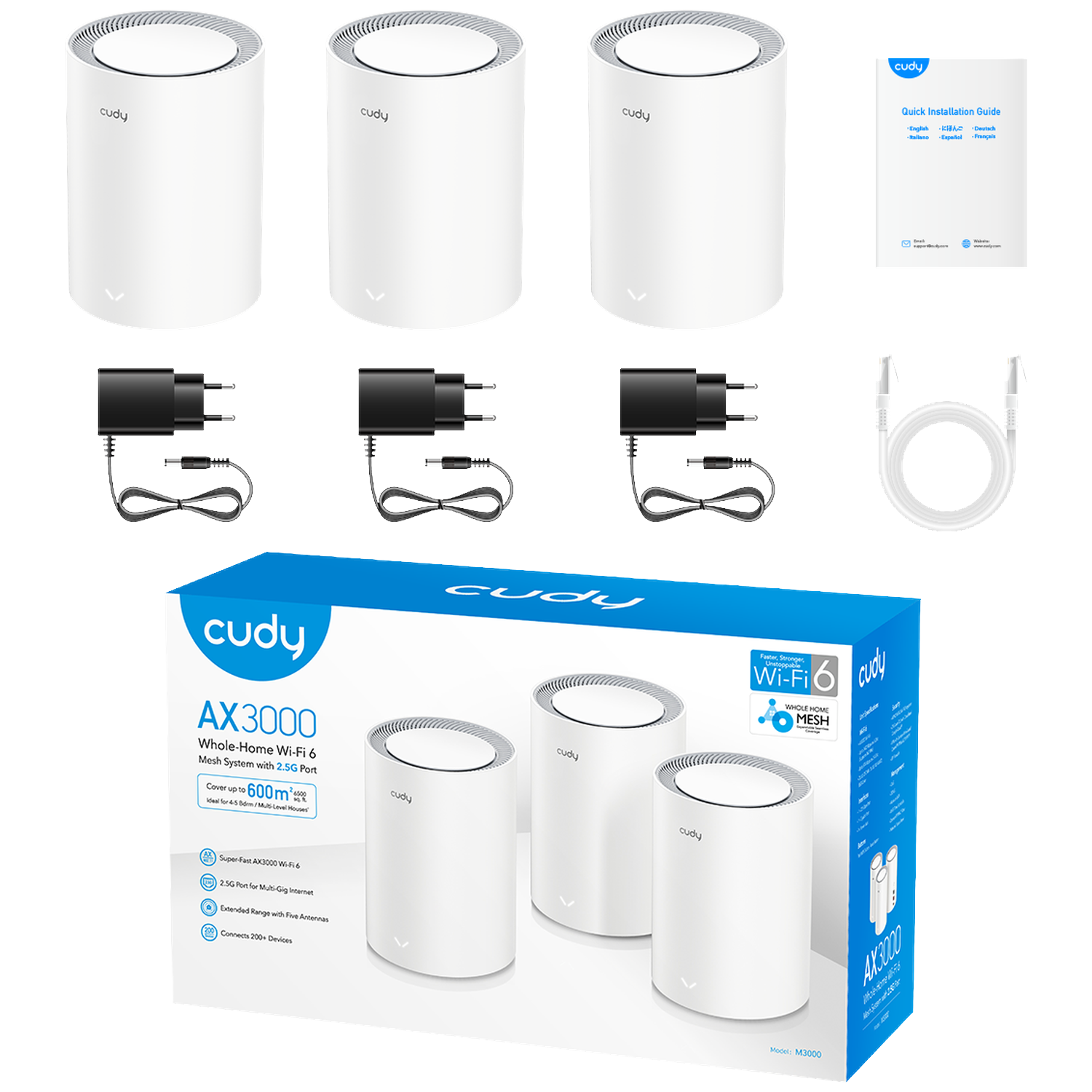 Three white Cudy mesh Wi-Fi routers, power adapters, Ethernet cable, manual, and product box.
