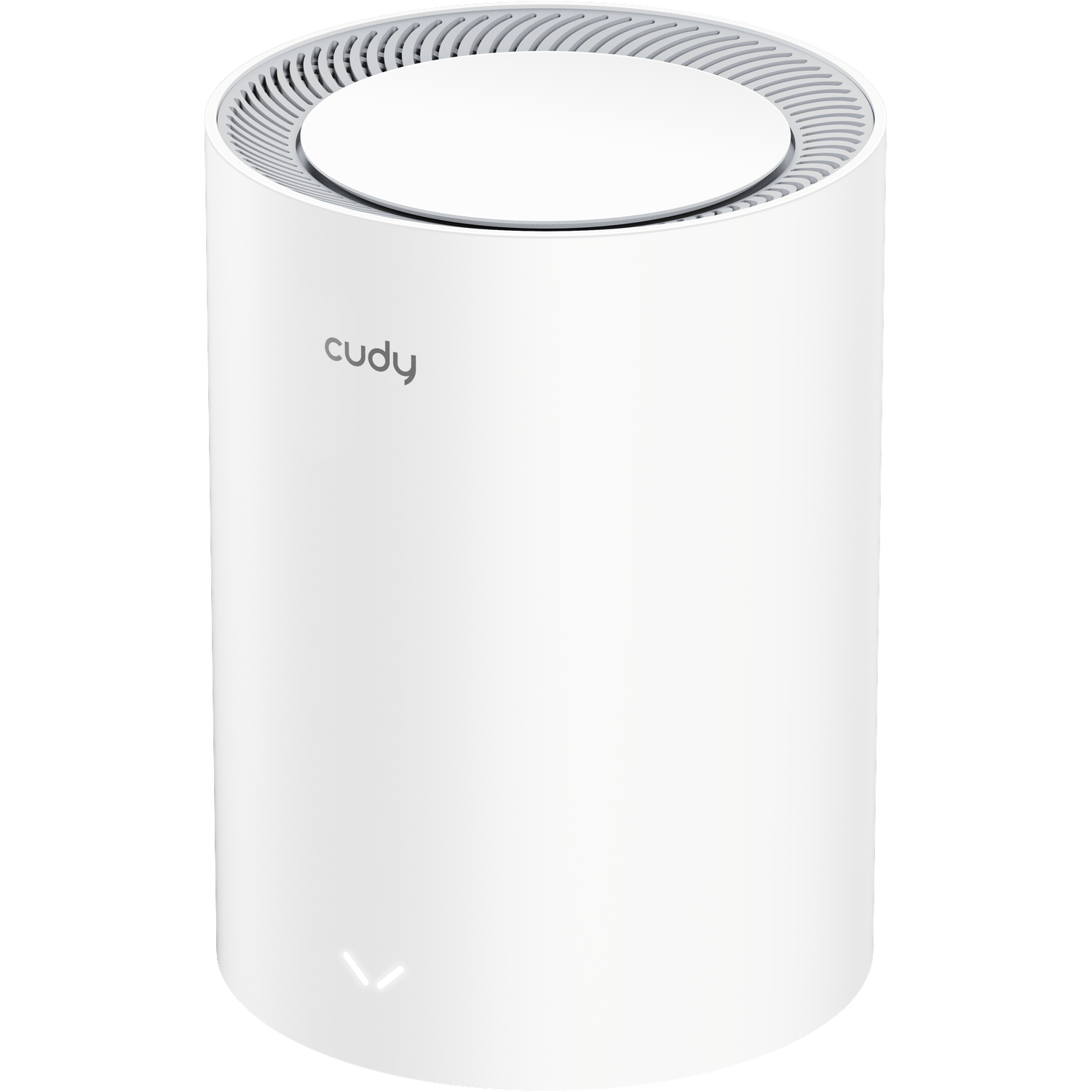 A cylindrical white Cudy Wi-Fi router with ventilation slots on top stands against a black background.