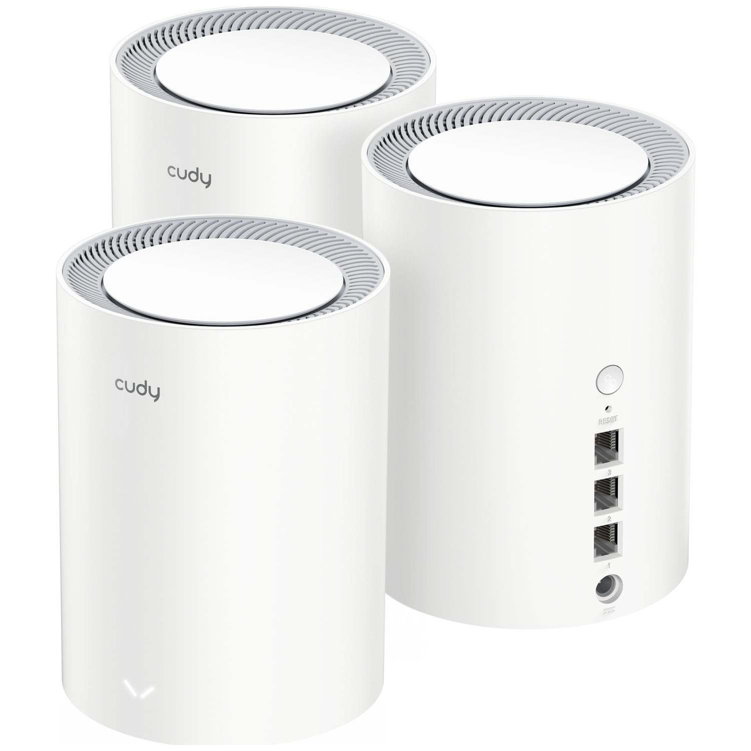 Three cylindrical white Cudy Wi-Fi routers with grey accents on a white background.