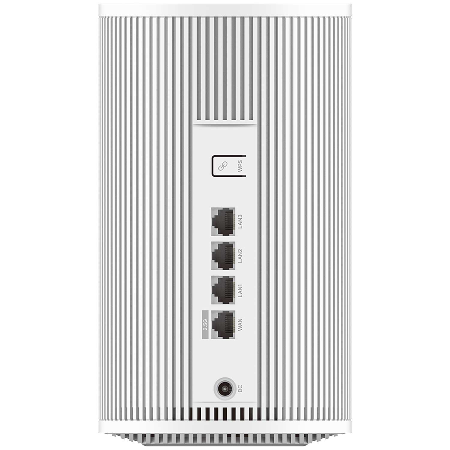 Rear view of a white cylindrical router with vertical grilles, showing LAN, WAN ports, and a power jack.