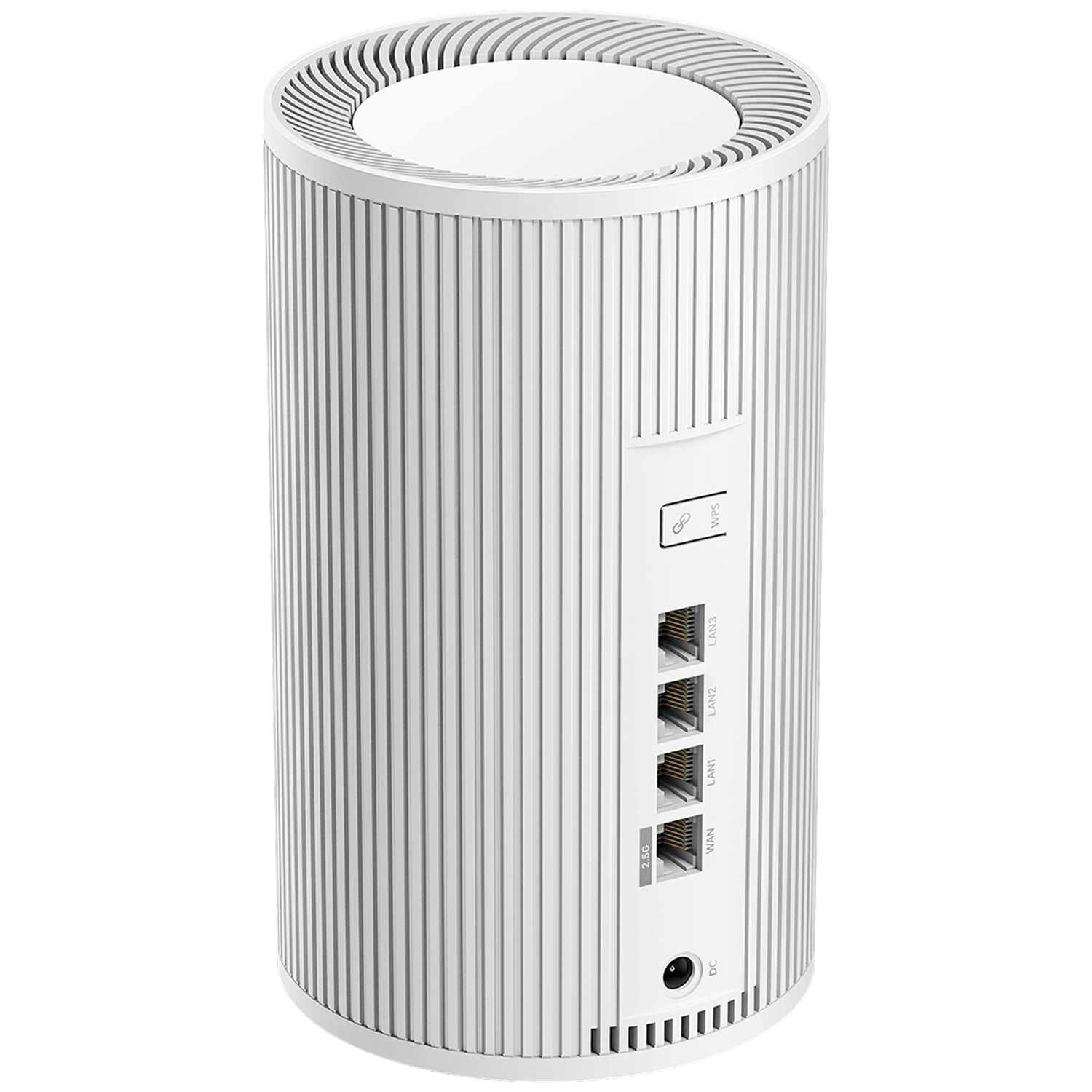 A white cylindrical wireless router with ribbed design shows rear ports.