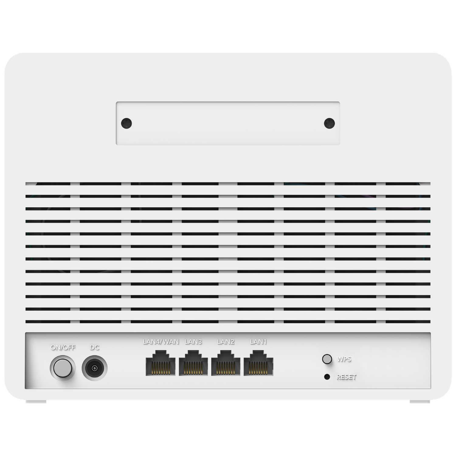 Back of a white router showing power, LAN, WPS, and reset ports below ventilation slots.