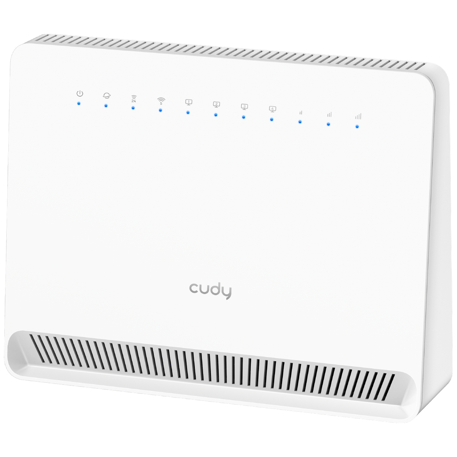 A white Cudy router featuring blue LED indicator lights at the top and ventilation slots.