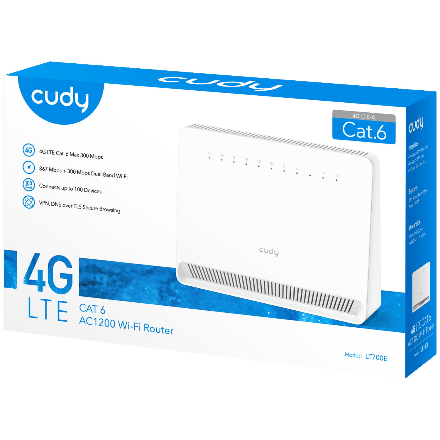 Blue product packaging for a Cudy 4G LTE CAT 6 AC1200 Wi-Fi Router featuring the white device.