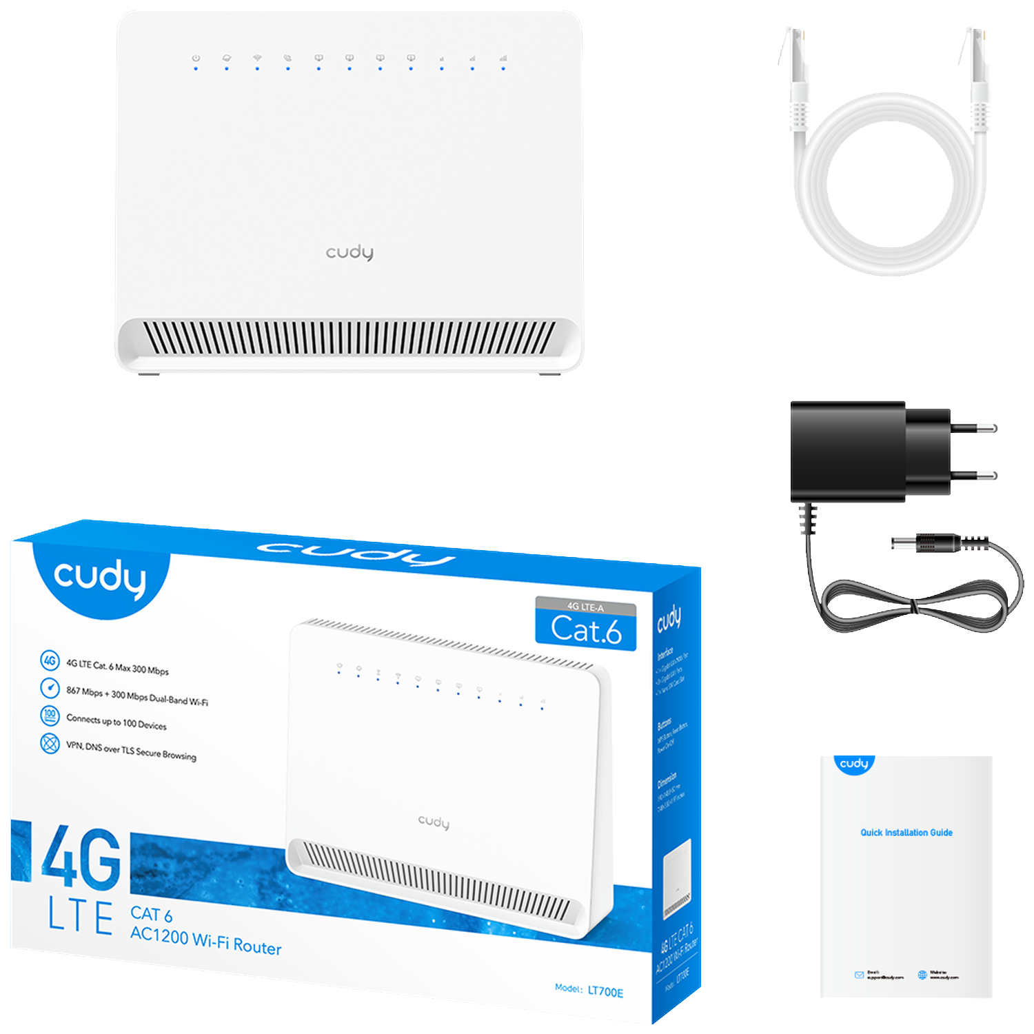 White Cudy 4G LTE router, packaging box, white ethernet cable, black power adapter, and a quick installation guide.