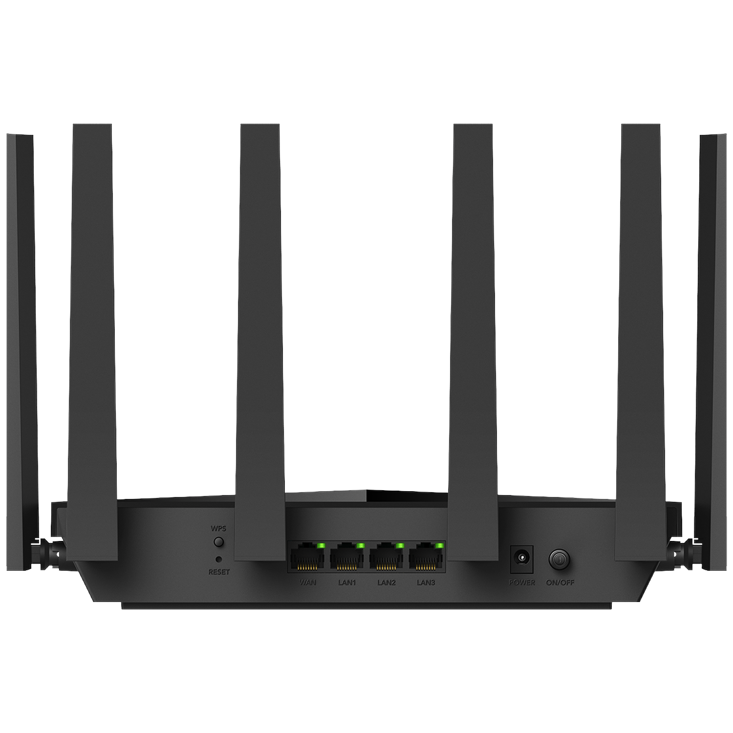Back view of a black router with six antennas, four ethernet ports, a reset button, and power switch.