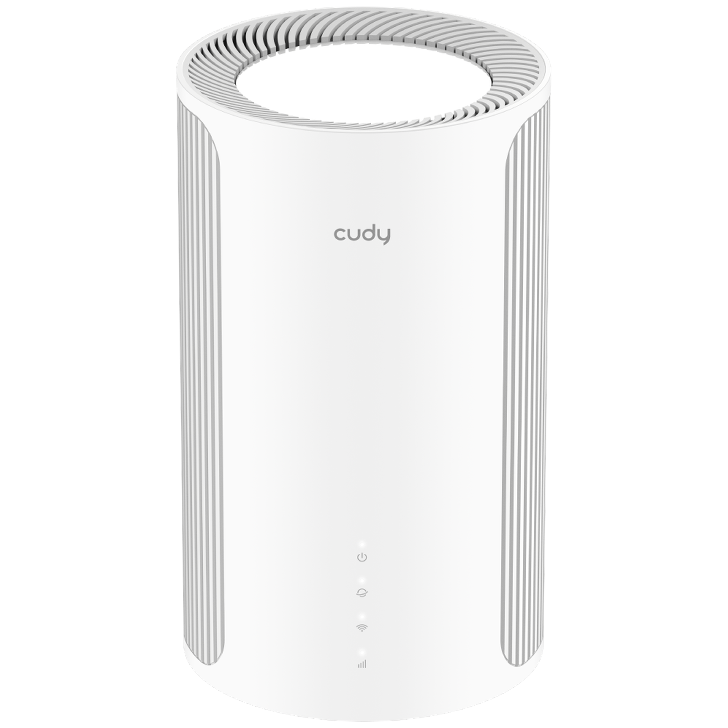 A white cylindrical Cudy Wi-Fi router with vertical vents and status lights, shown against a black background.