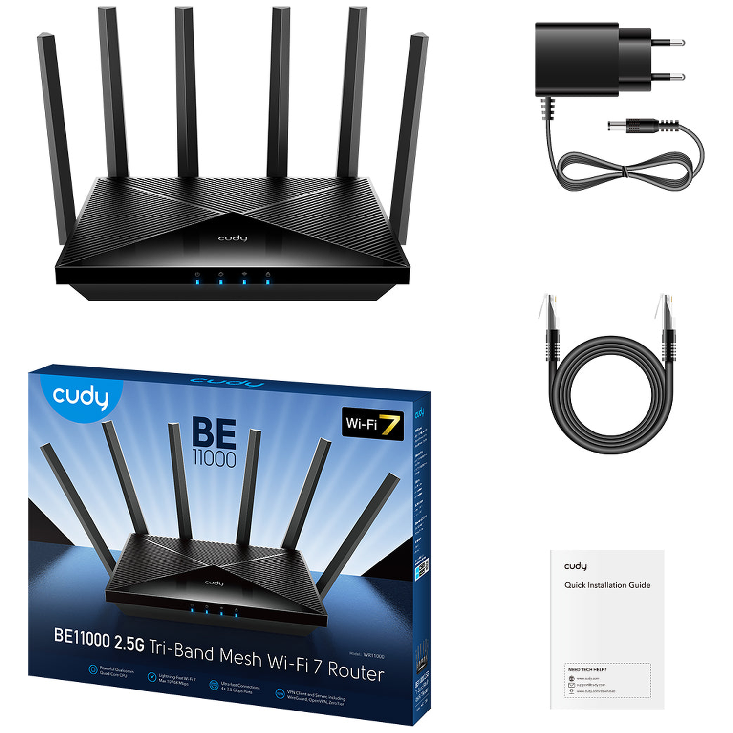 A black Cudy Wi-Fi 7 router with six antennas, power adapter, ethernet cable, and box.