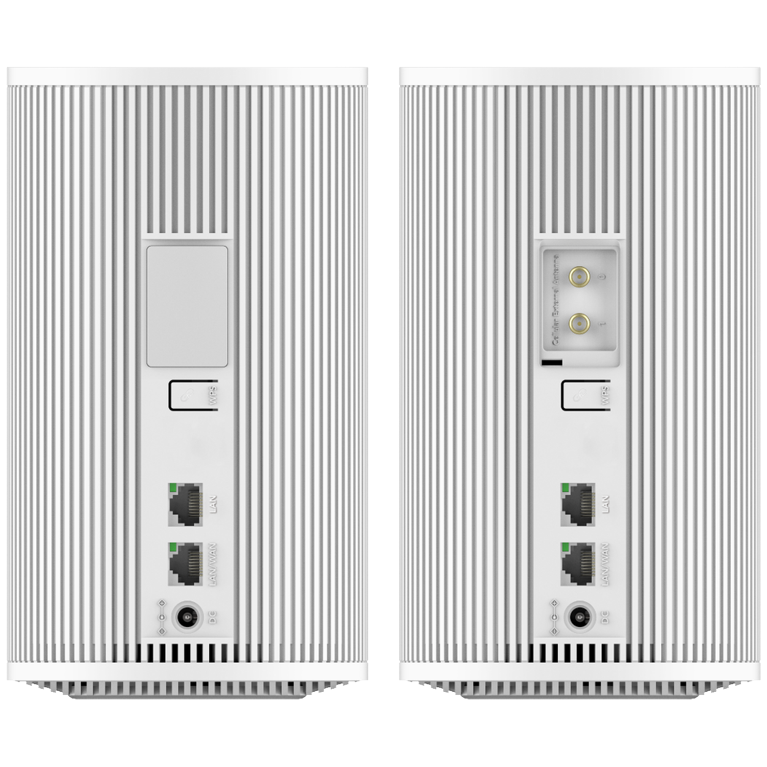 Back sides of two white, ribbed routers showing ports and antenna connectors.