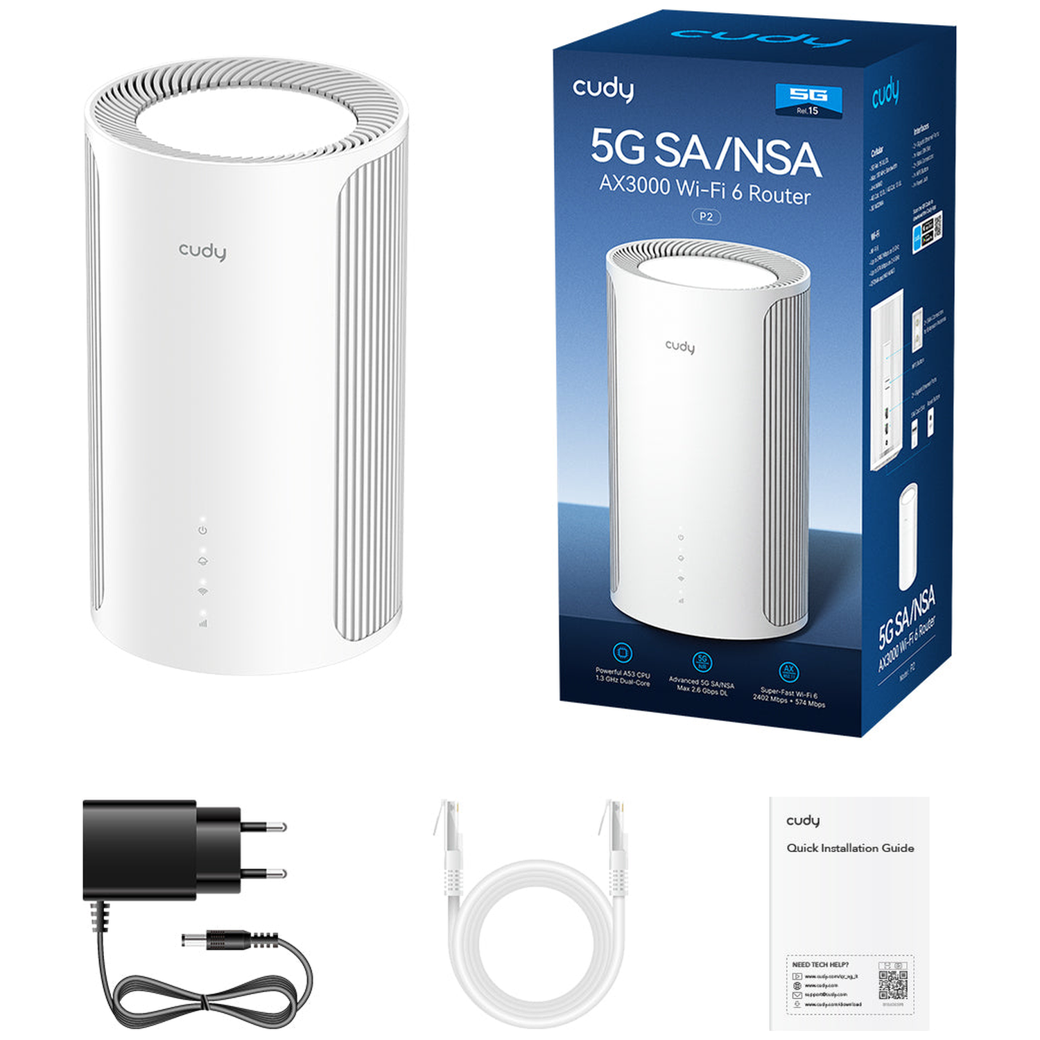 White Cudy AX3000 Wi-Fi 6 router with blue box packaging, power adapter, ethernet cable, and guide.