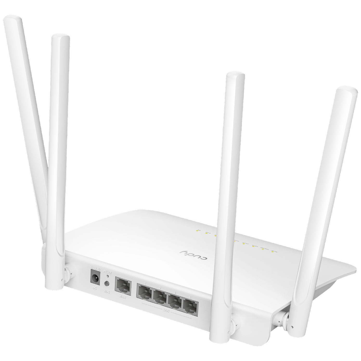 White Cudy Wi-Fi router with four antennas and back ports against a black background.