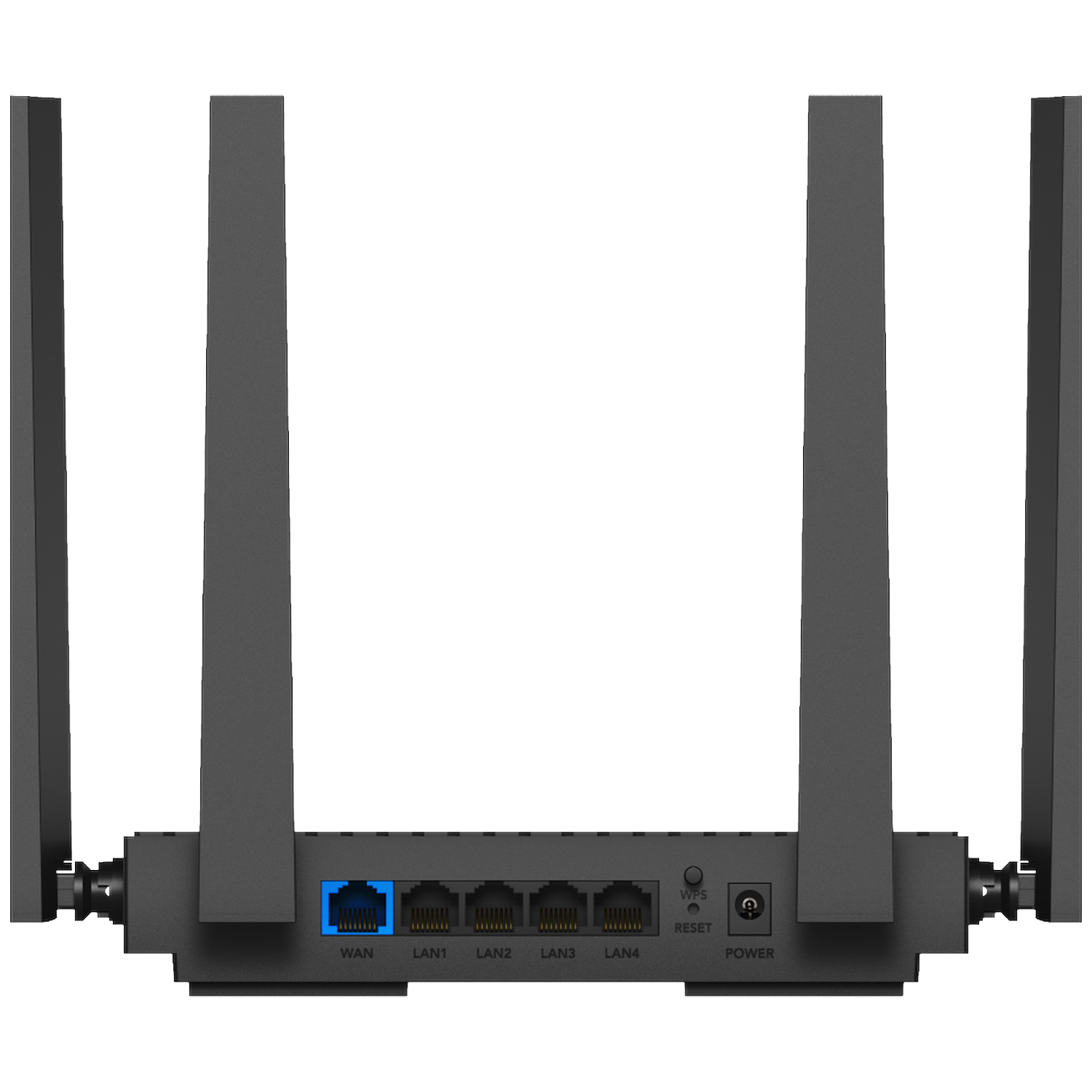Rear view of a black router with four antennas and various ports.