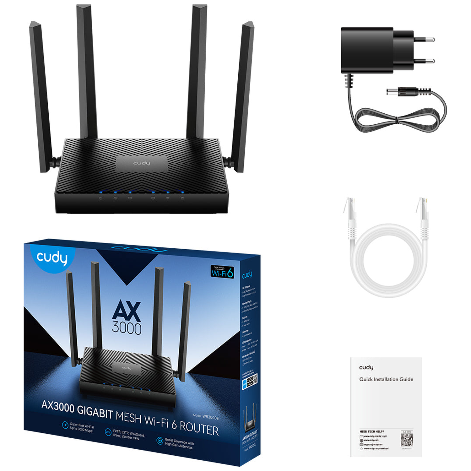 Cudy AX3000 Wi-Fi 6 router with four antennas, power adapter, ethernet cable, and box.