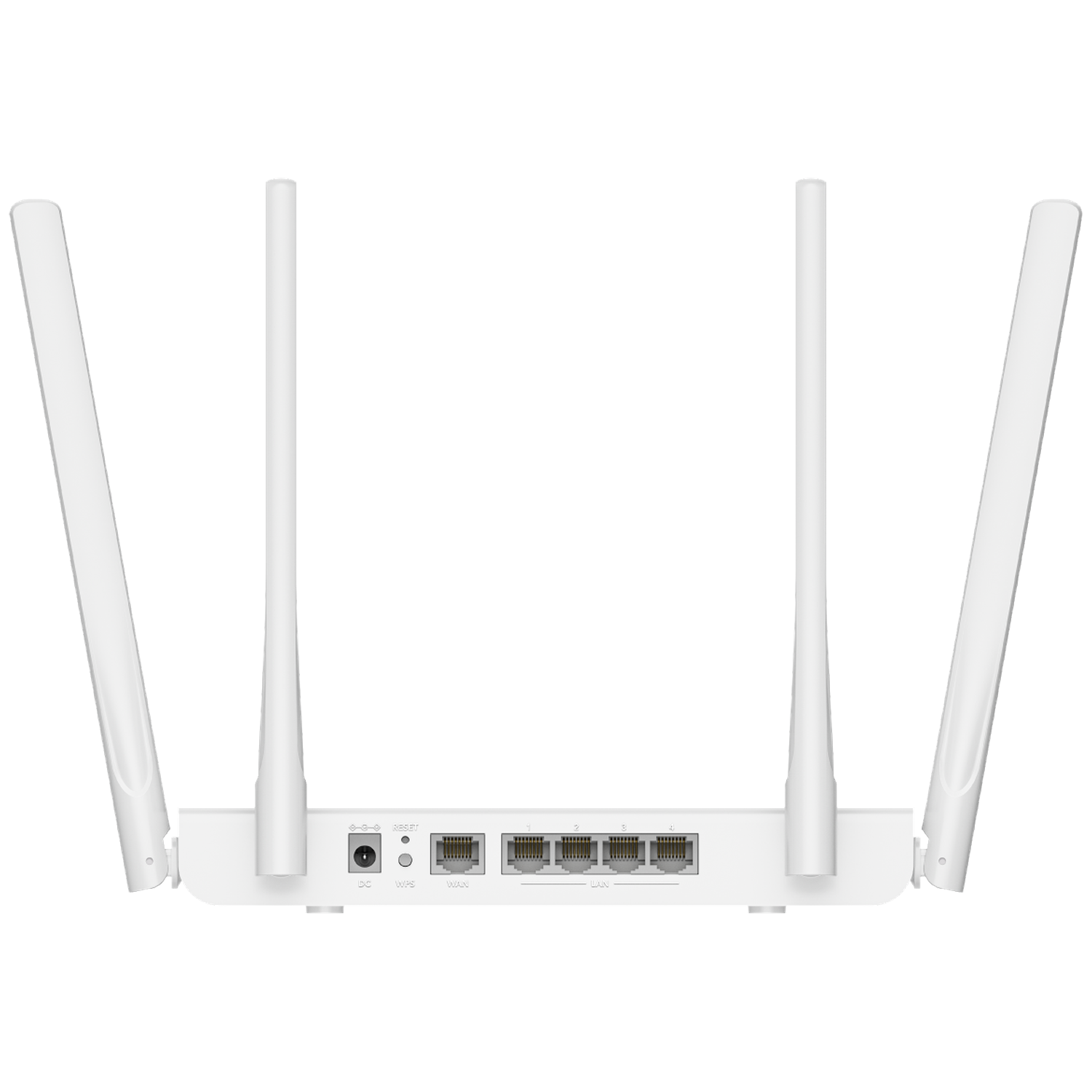 Rear view of a white Wi-Fi router with four antennas, power jack, reset button, WAN port, and four LAN ports.