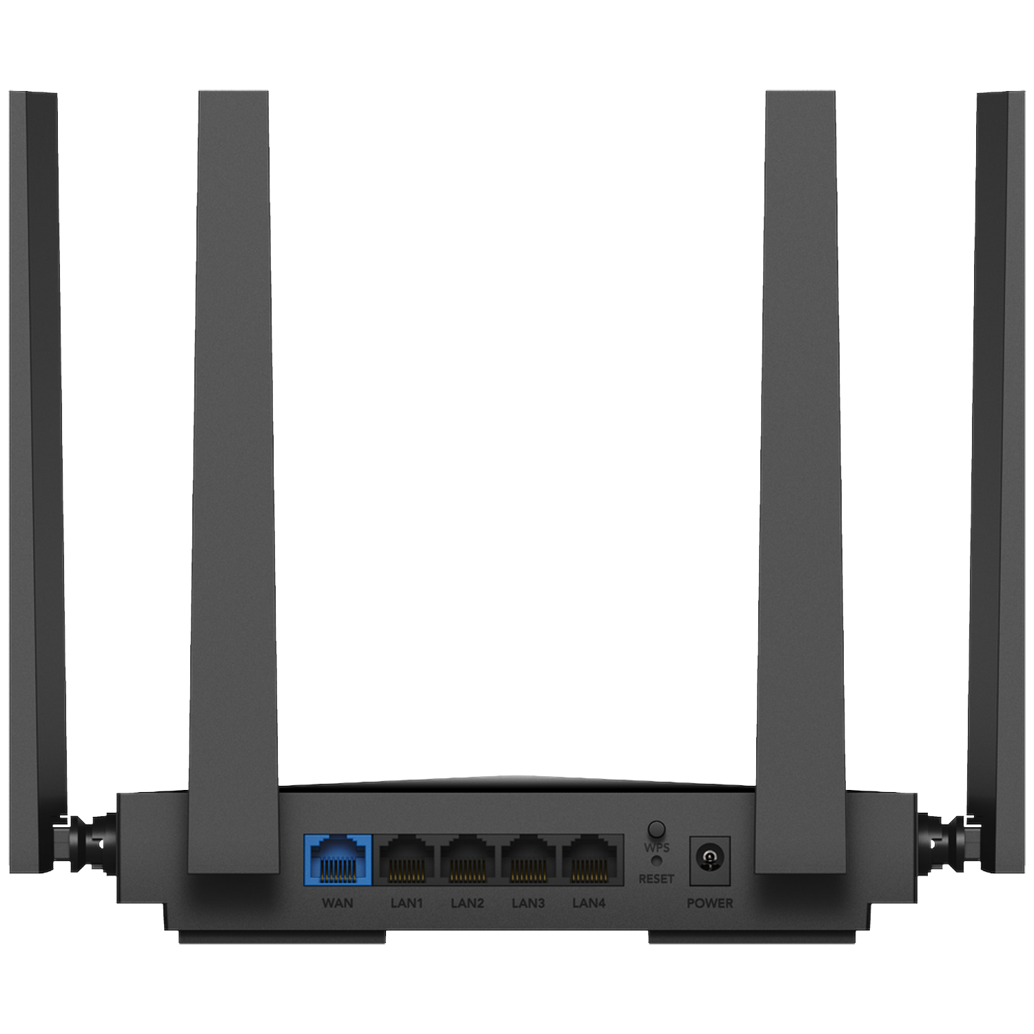 Rear view of a black Wi-Fi router with four antennas, LAN ports, WAN port, WPS, reset button, and power input.