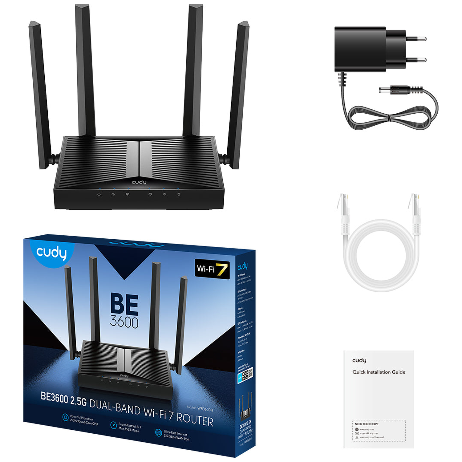 A black Cudy Wi-Fi 7 router, its blue product box, a power adapter, a white Ethernet cable, and a manual.