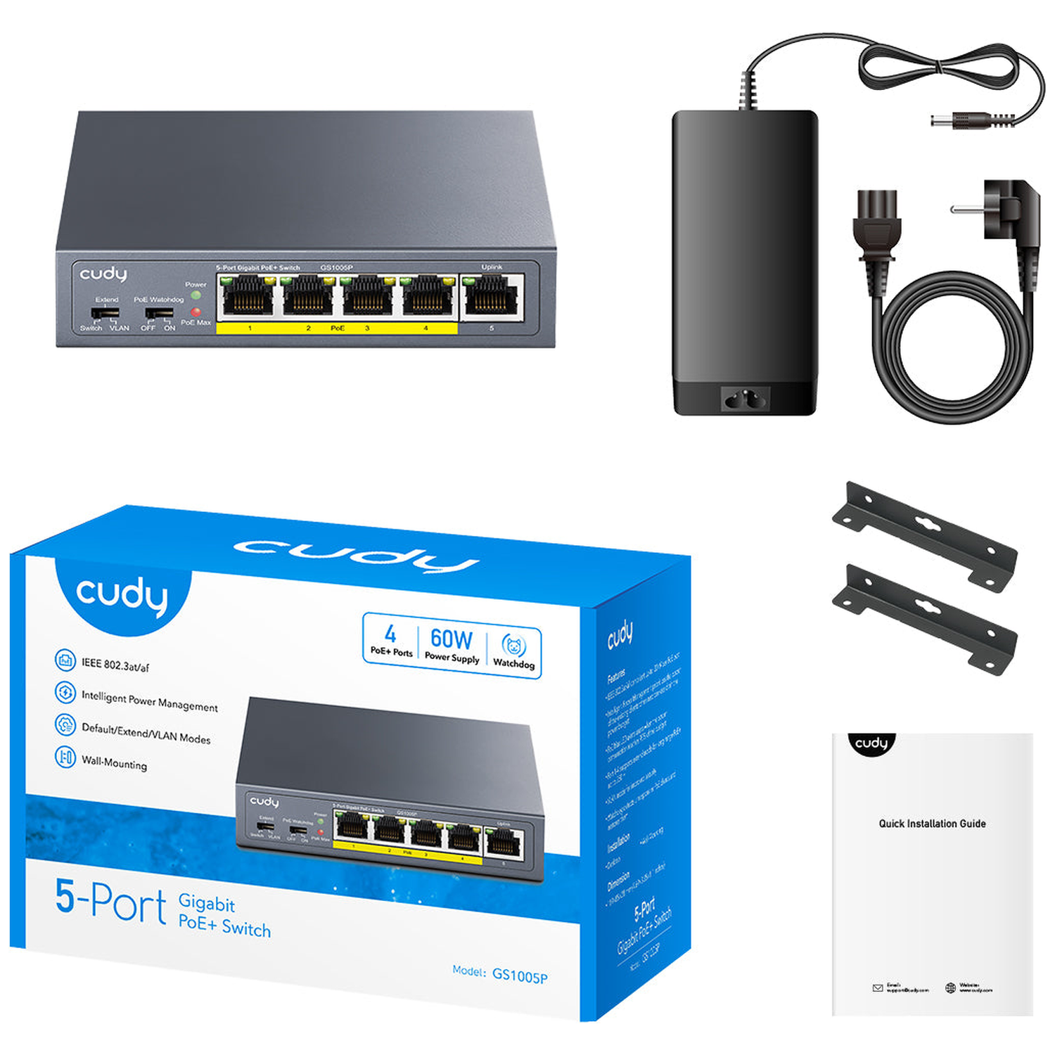Cudy 5-Port Gigabit PoE+ switch with power adapter, cables, mounting brackets, and manual.