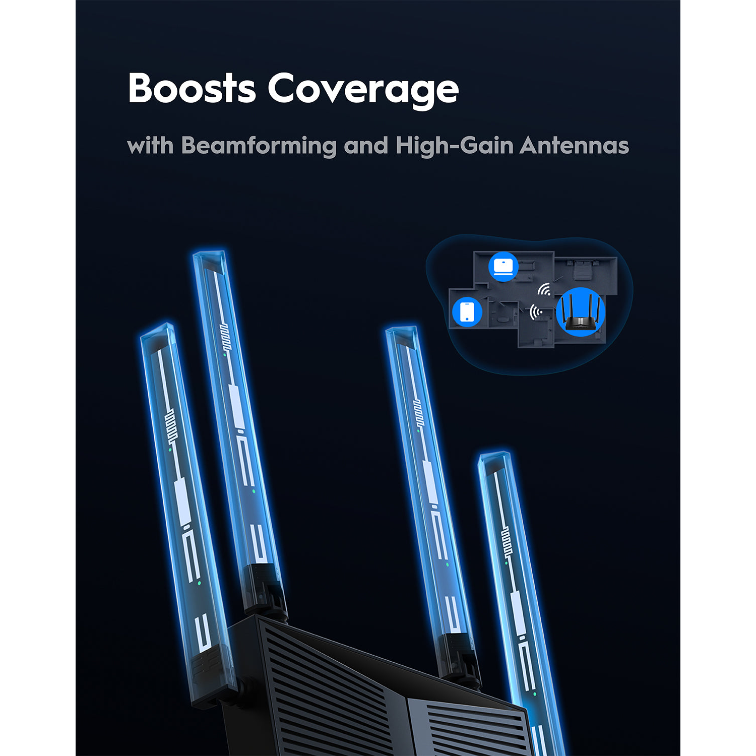 Wi-Fi router with four glowing blue antennas and a house layout graphic showing signal coverage.