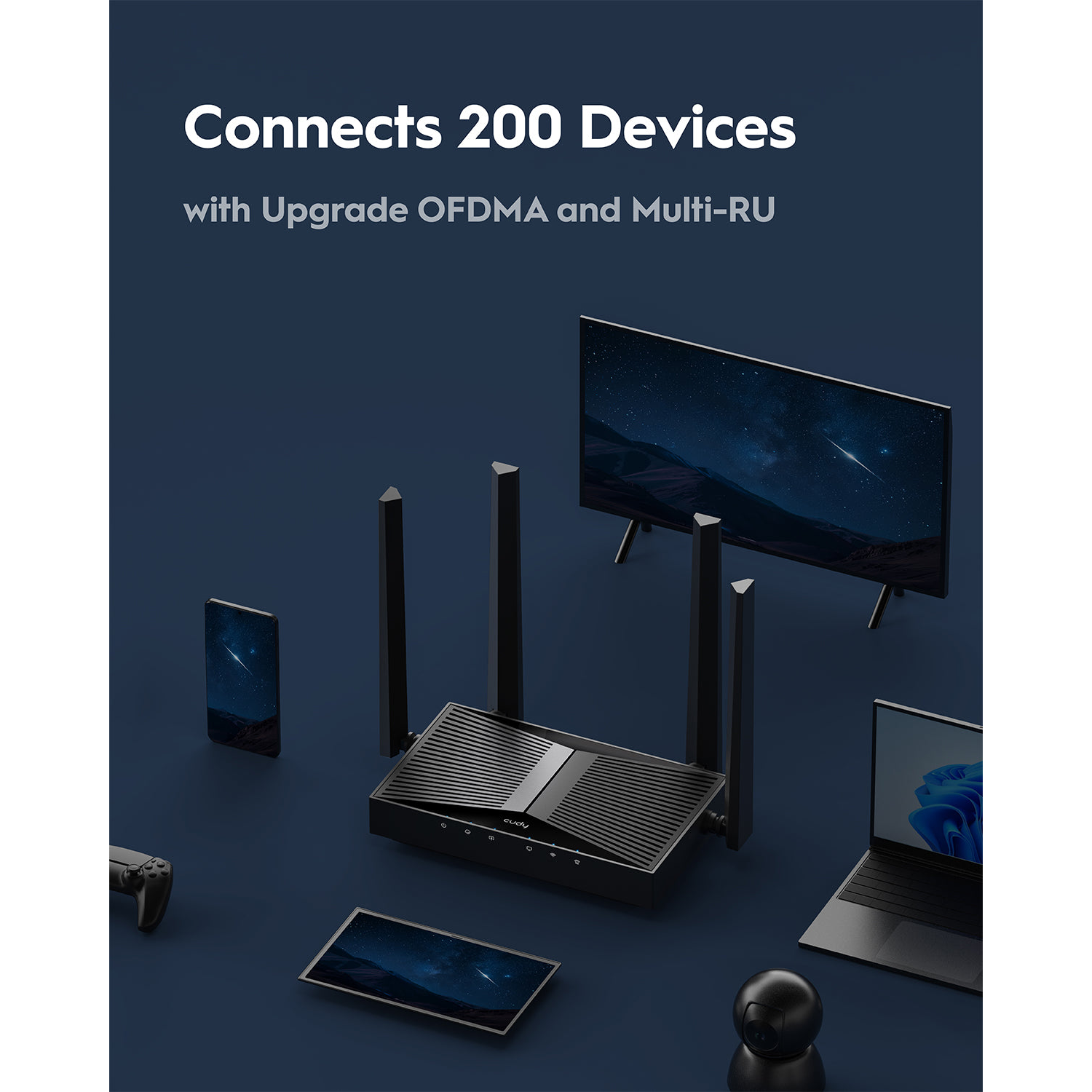 A black Wi-Fi router with four antennas sits centrally, surrounded by connected devices against a blue background.
